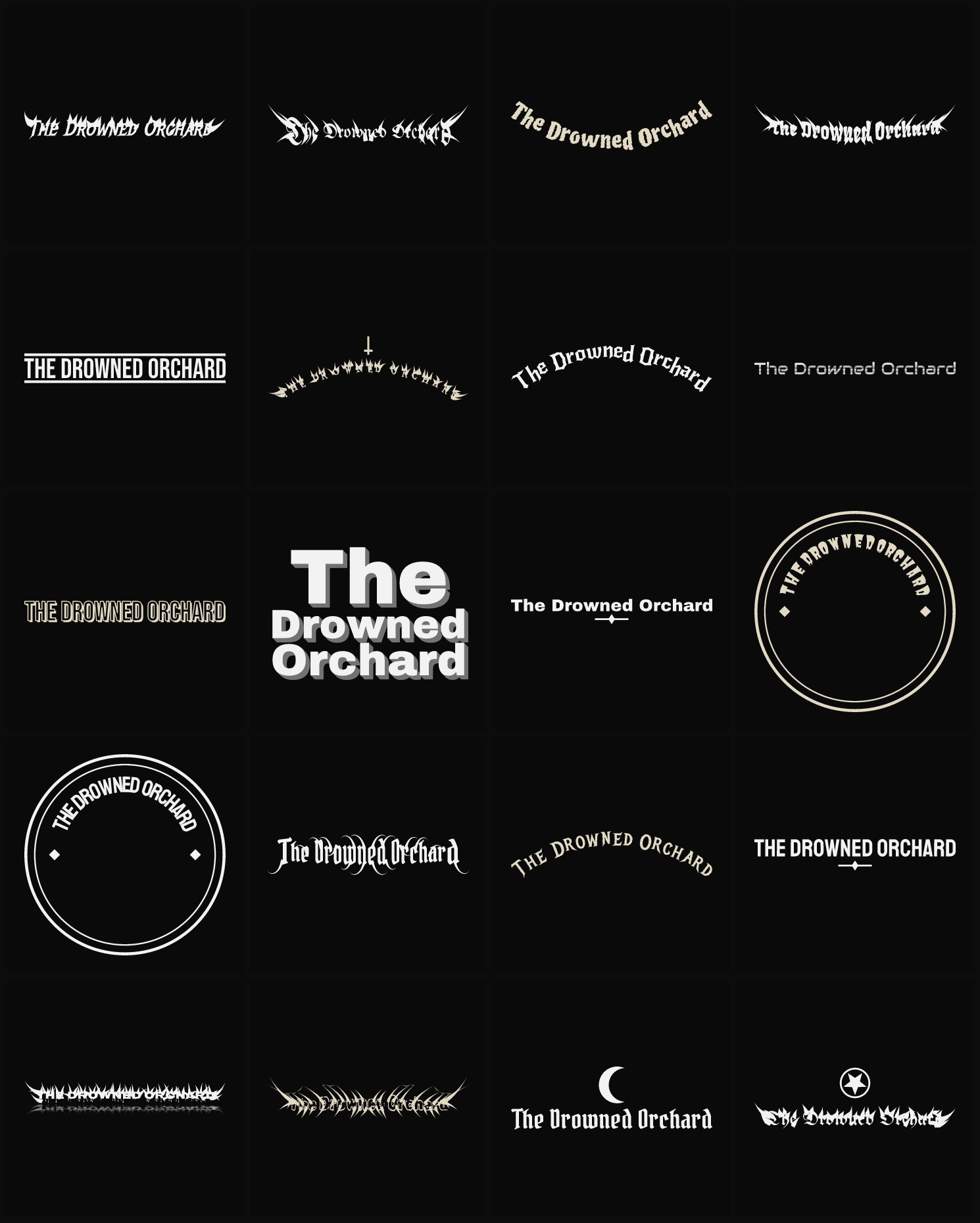Twenty The Drowned Orchard band logo ideas — different faces, treatments and spike settings