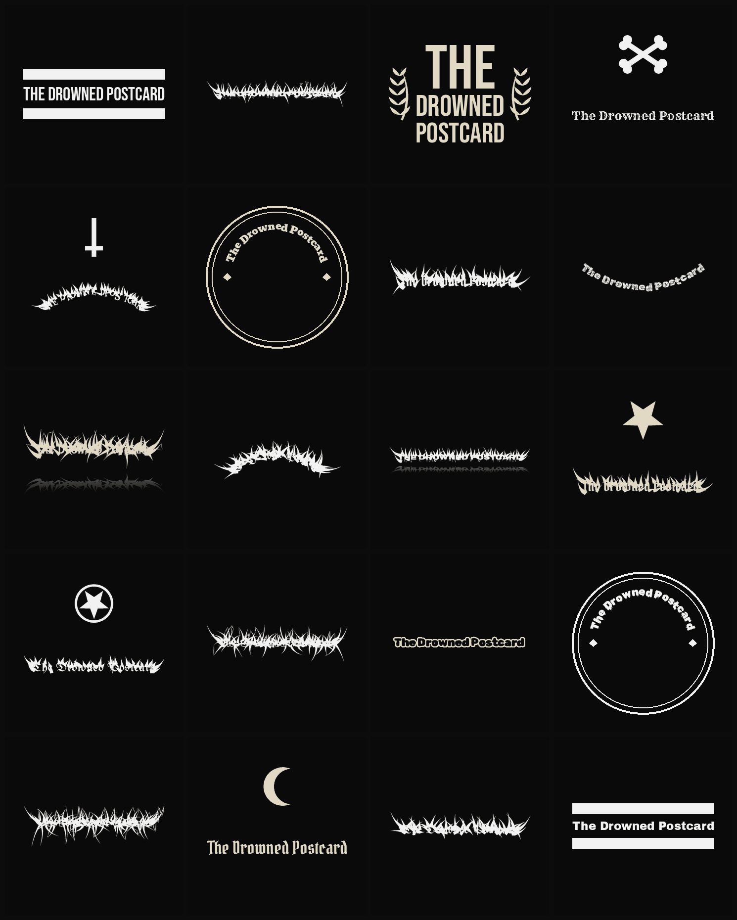 Twenty The Drowned Postcard band logo ideas — different faces, treatments and spike settings