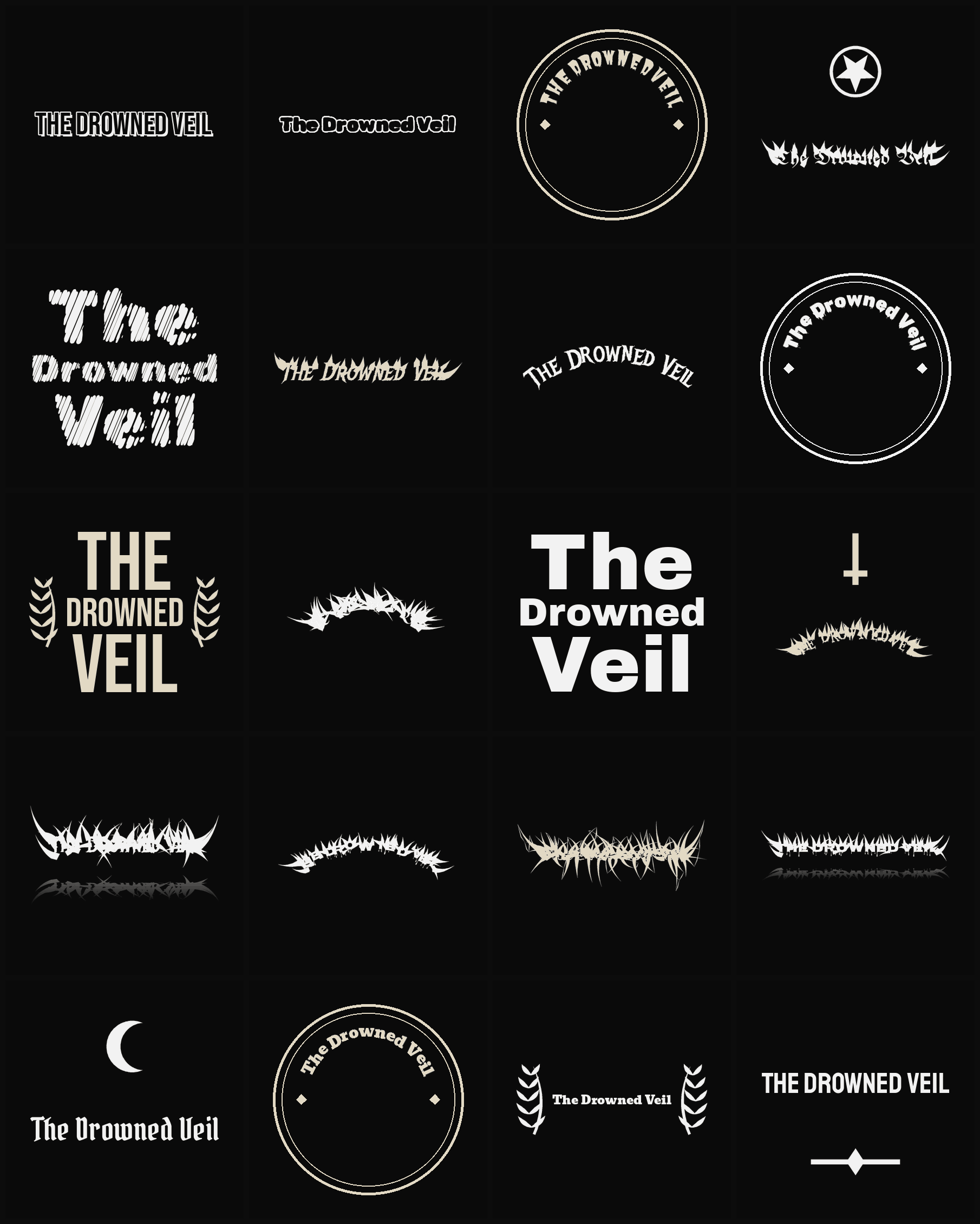 Twenty The Drowned Veil band logo ideas — different faces, treatments and spike settings