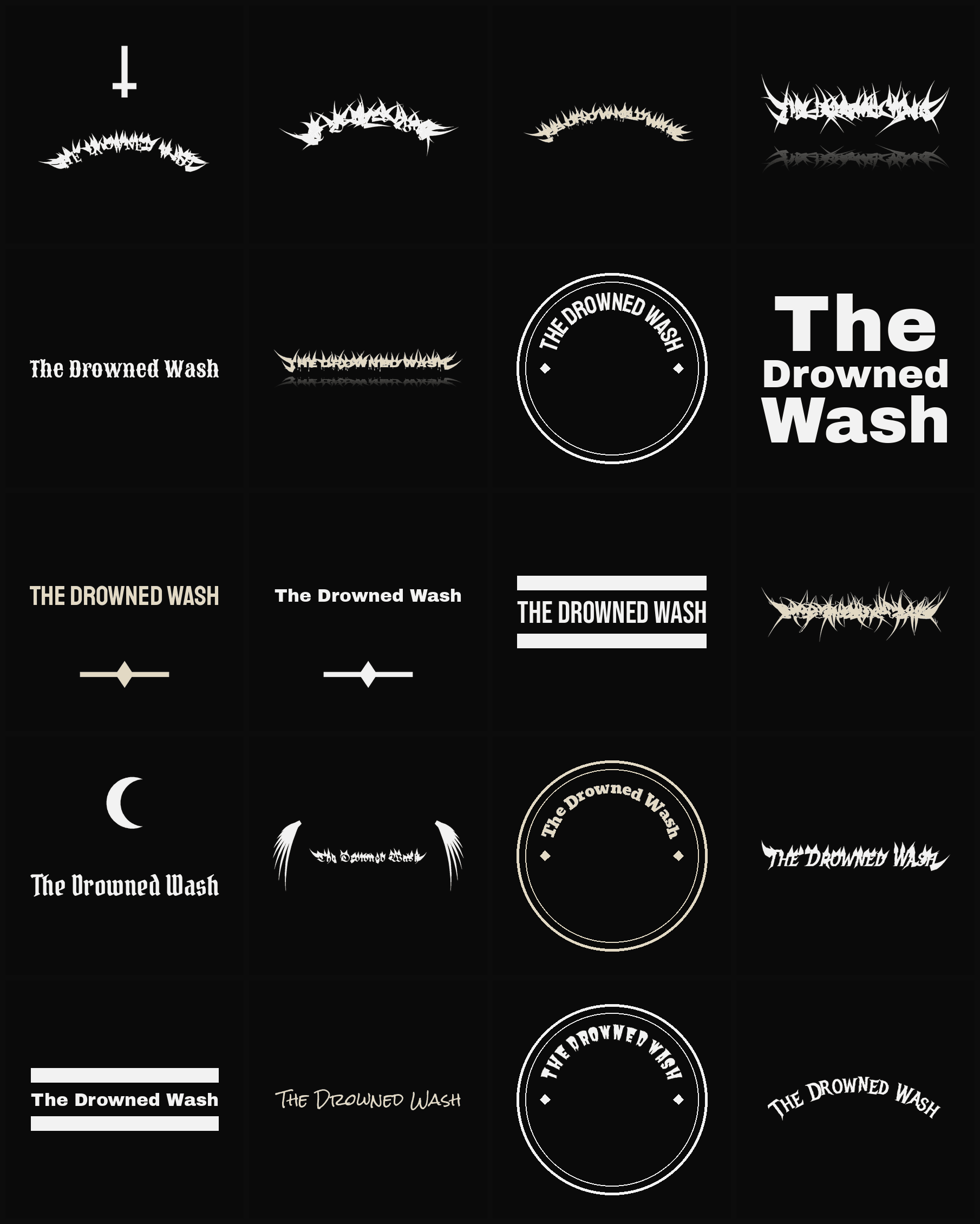 Twenty The Drowned Wash band logo ideas — different faces, treatments and spike settings