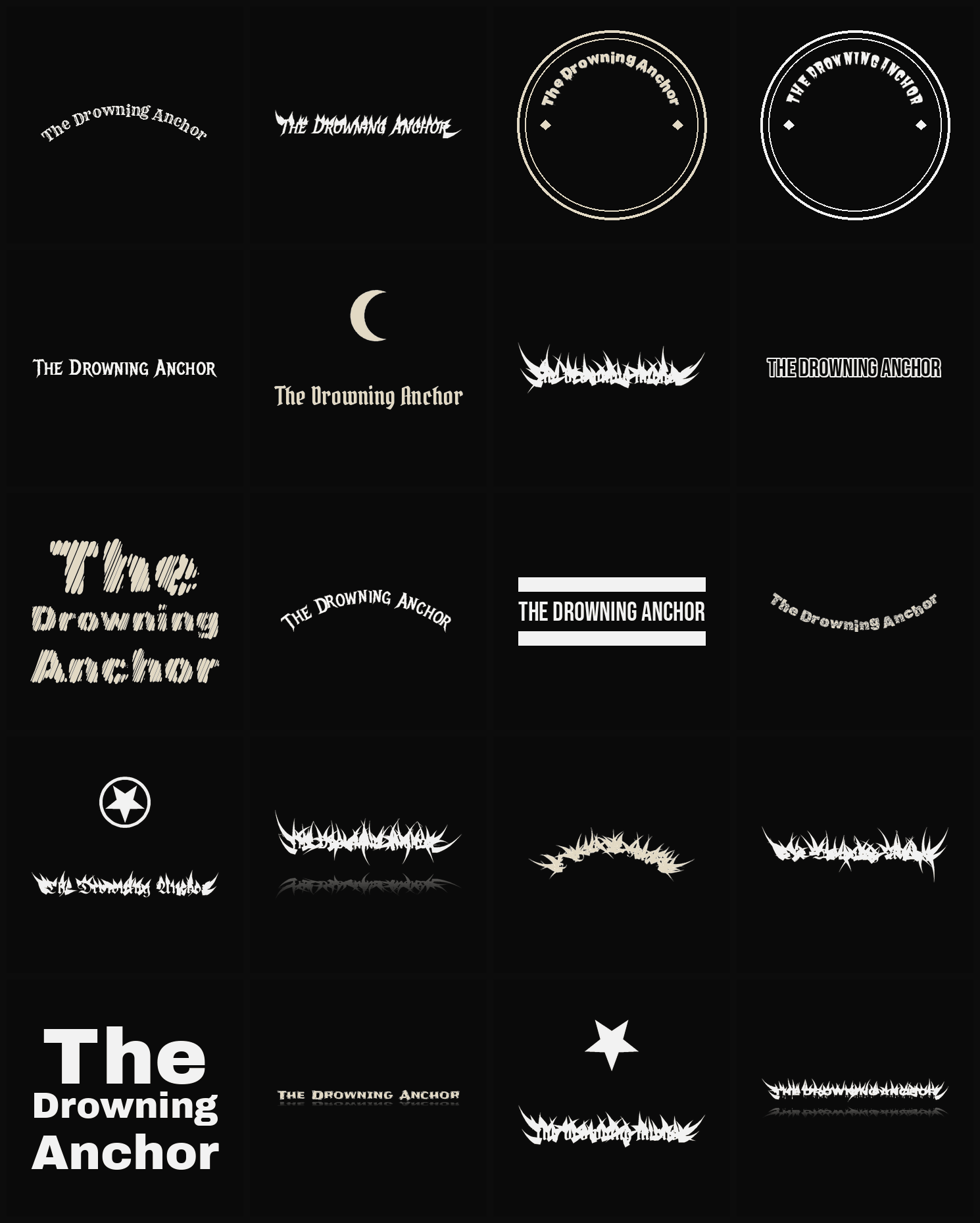 Twenty The Drowning Anchor band logo ideas — different faces, treatments and spike settings