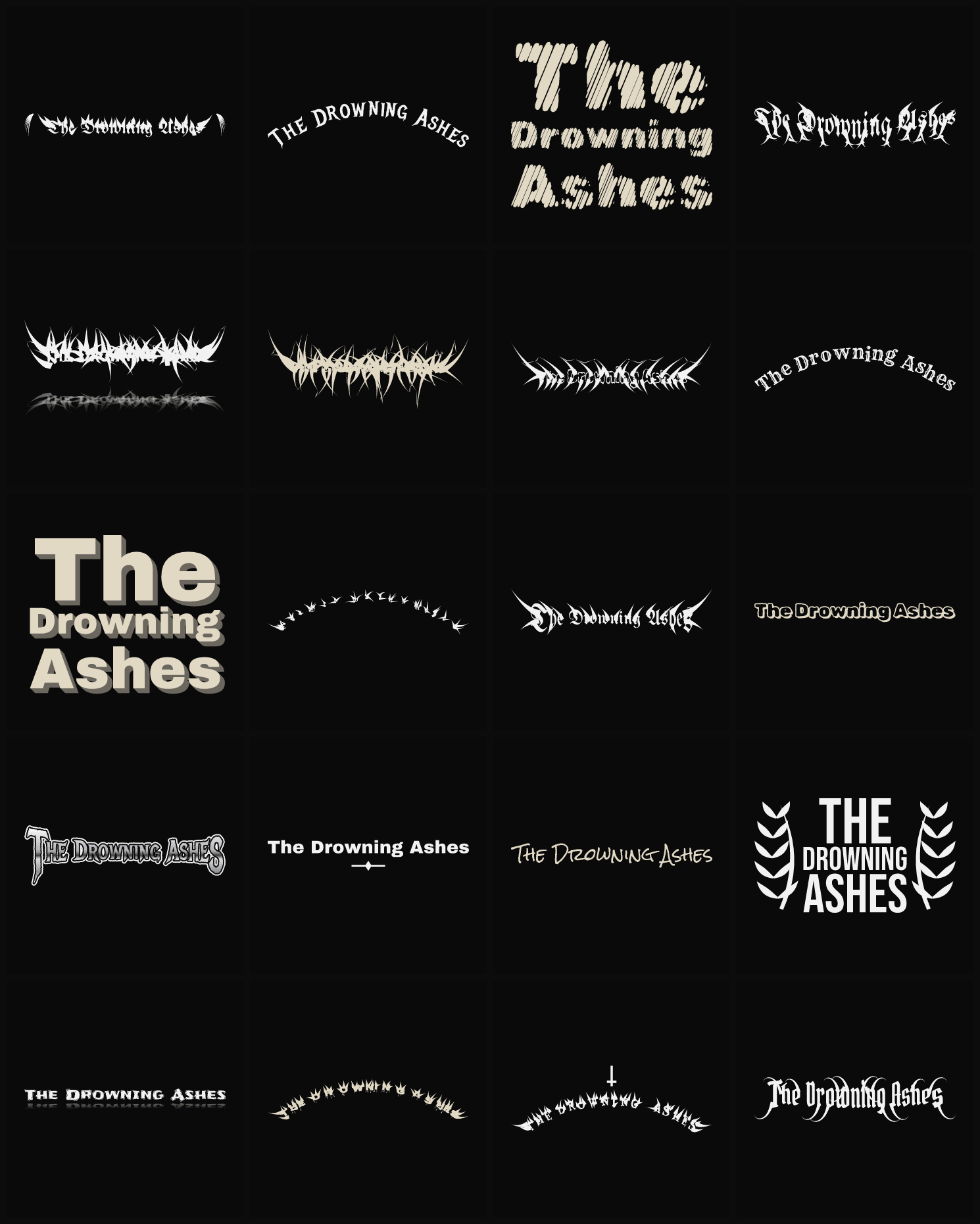 Twenty The Drowning Ashes band logo ideas — different faces, treatments and spike settings