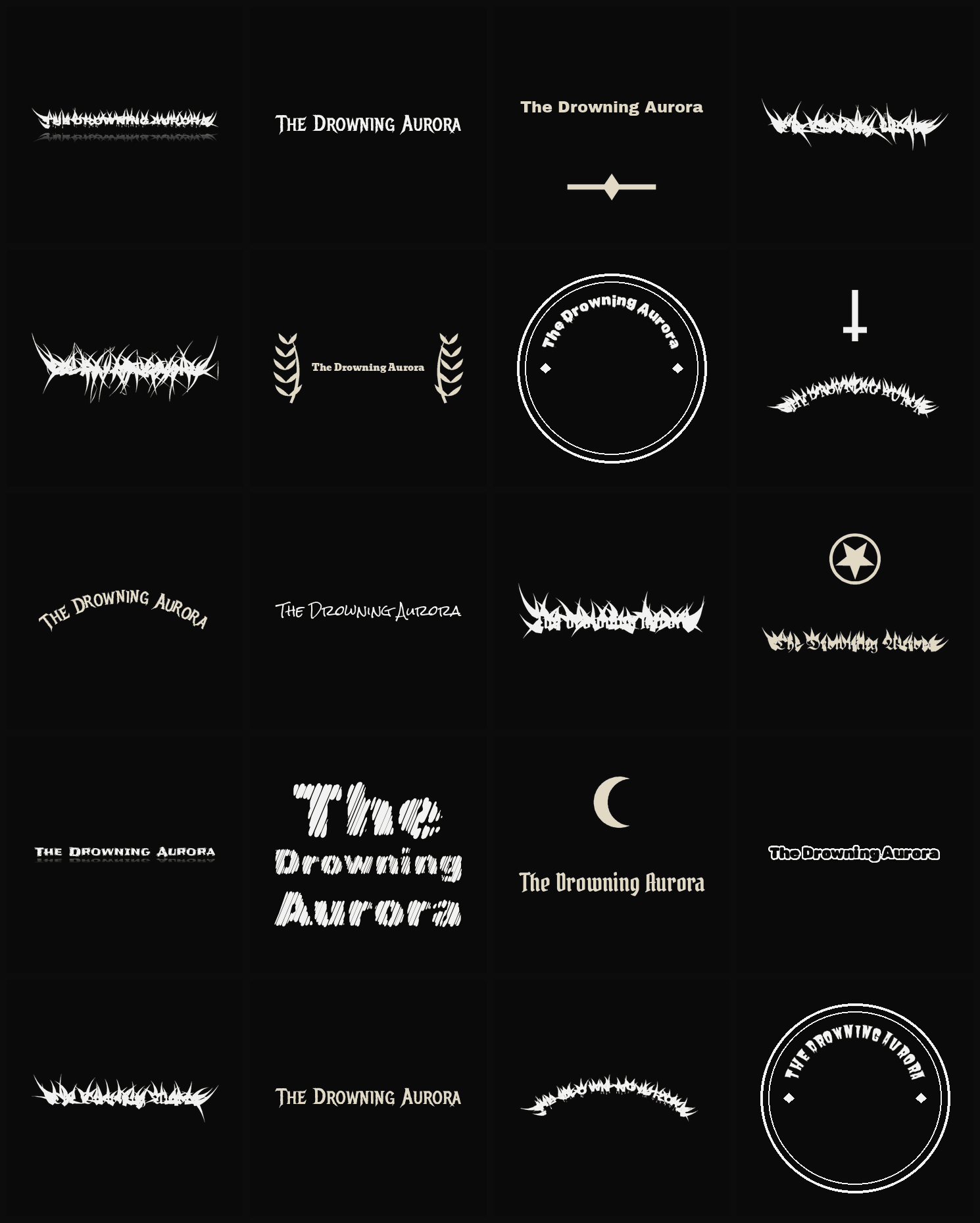 Twenty The Drowning Aurora band logo ideas — different faces, treatments and spike settings