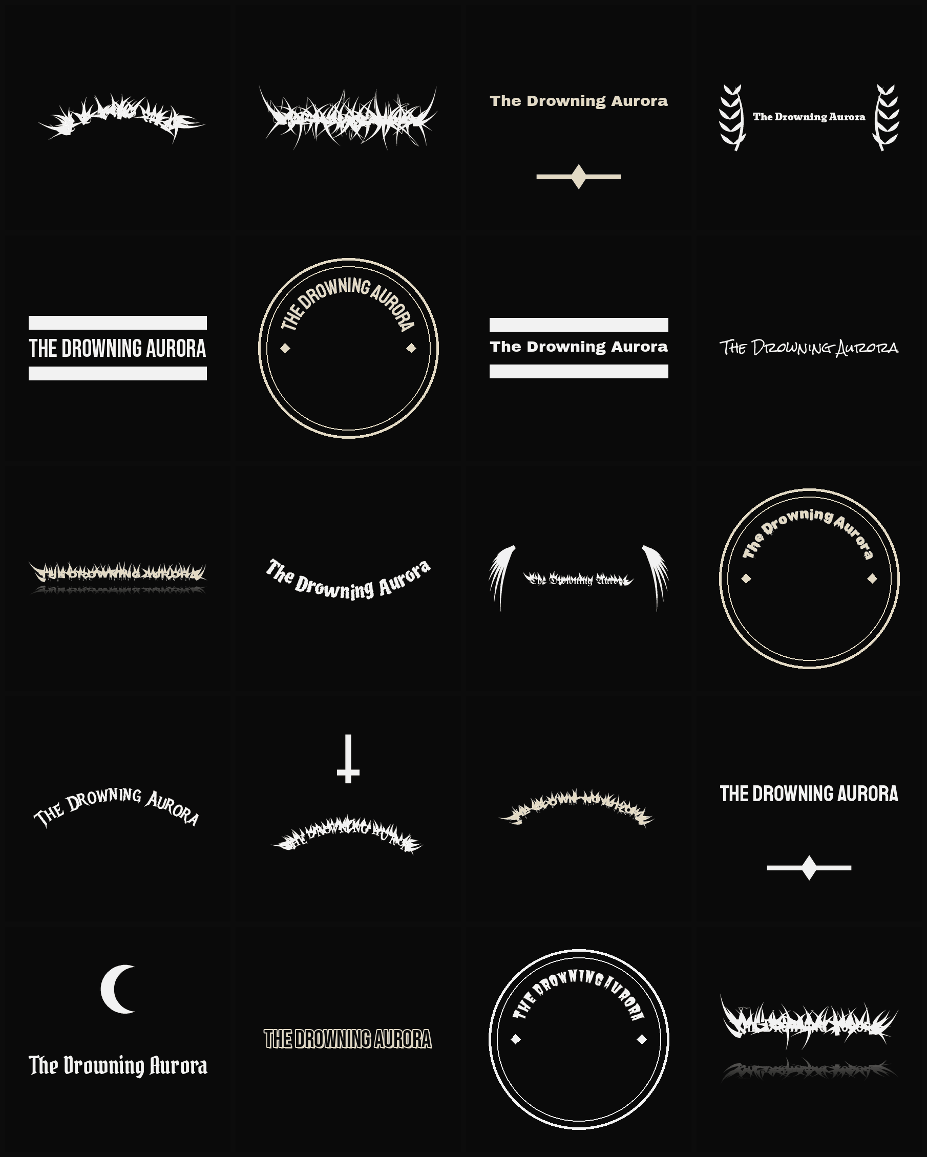 Twenty The Drowning Aurora band logo ideas — different faces, treatments and spike settings