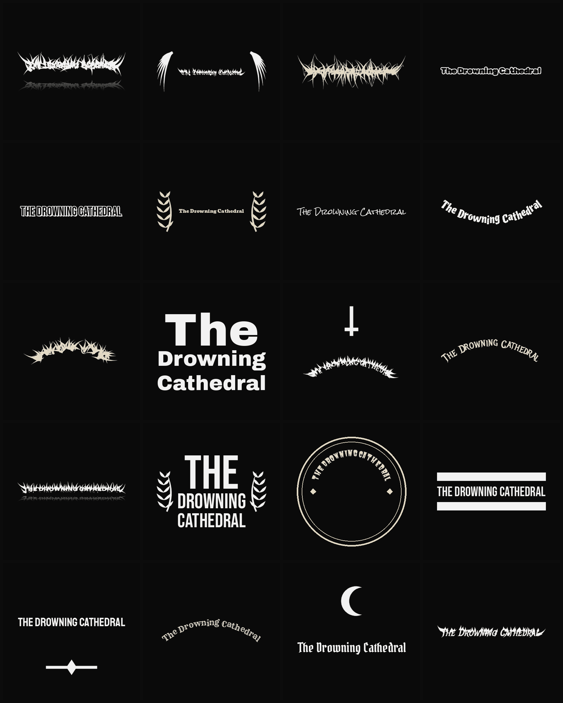 Twenty The Drowning Cathedral band logo ideas — different faces, treatments and spike settings