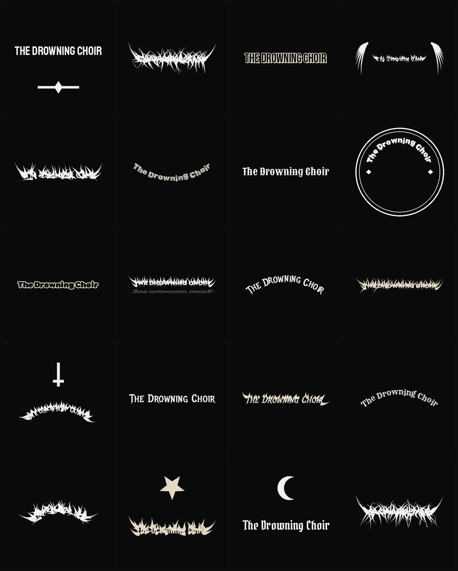 Twenty The Drowning Choir band logo ideas — different faces, treatments and spike settings