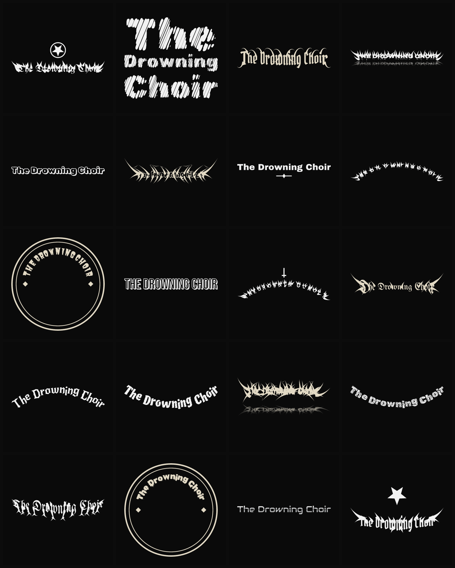 Twenty The Drowning Choir band logo ideas — different faces, treatments and spike settings