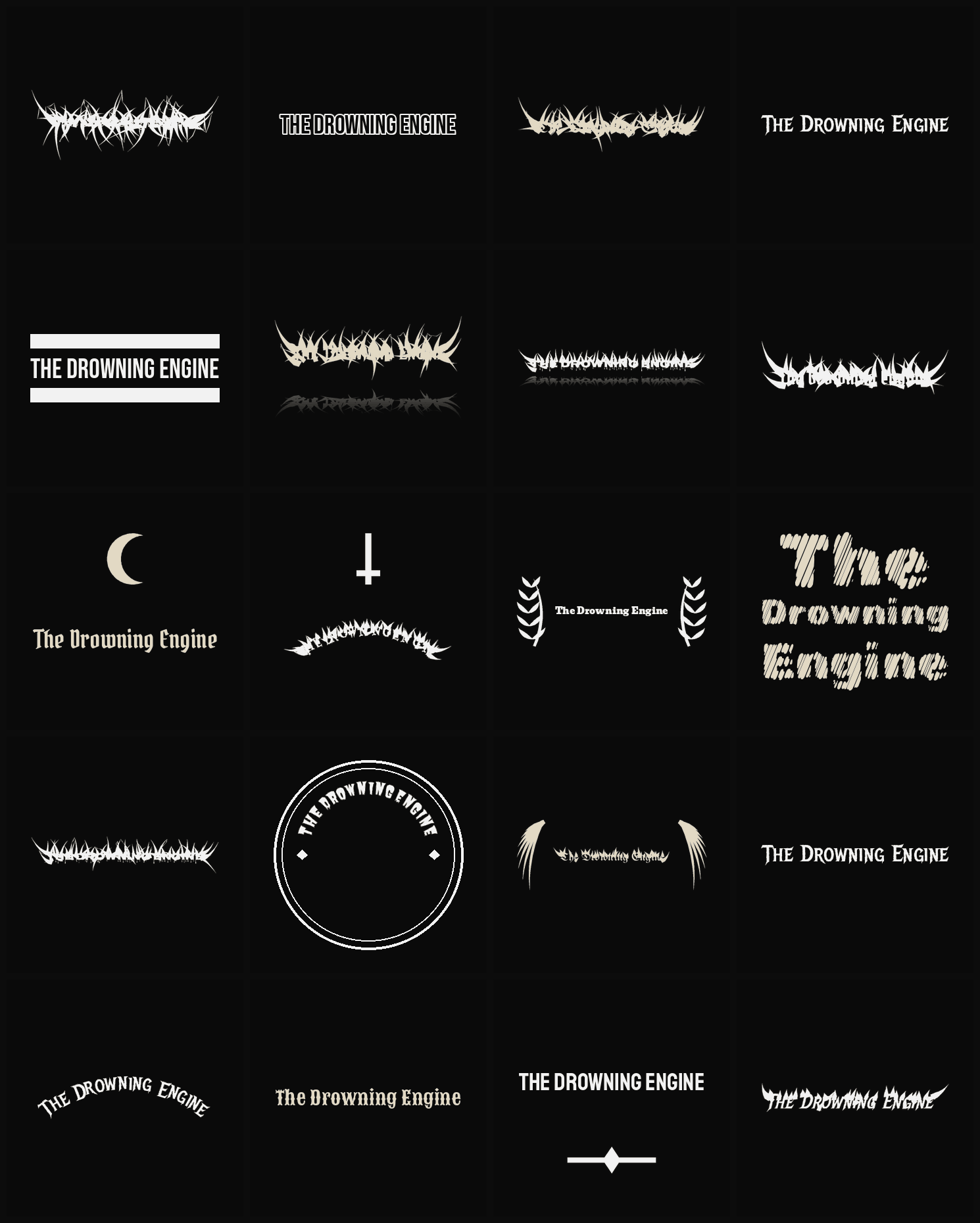 Twenty The Drowning Engine band logo ideas — different faces, treatments and spike settings