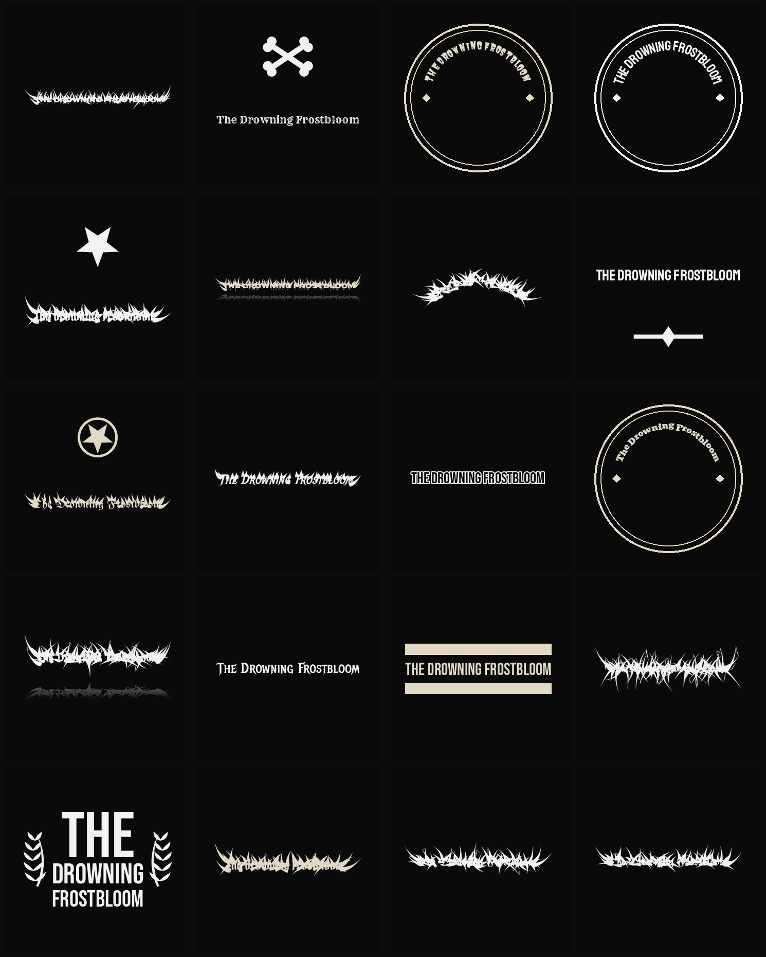 Twenty The Drowning Frostbloom band logo ideas — different faces, treatments and spike settings