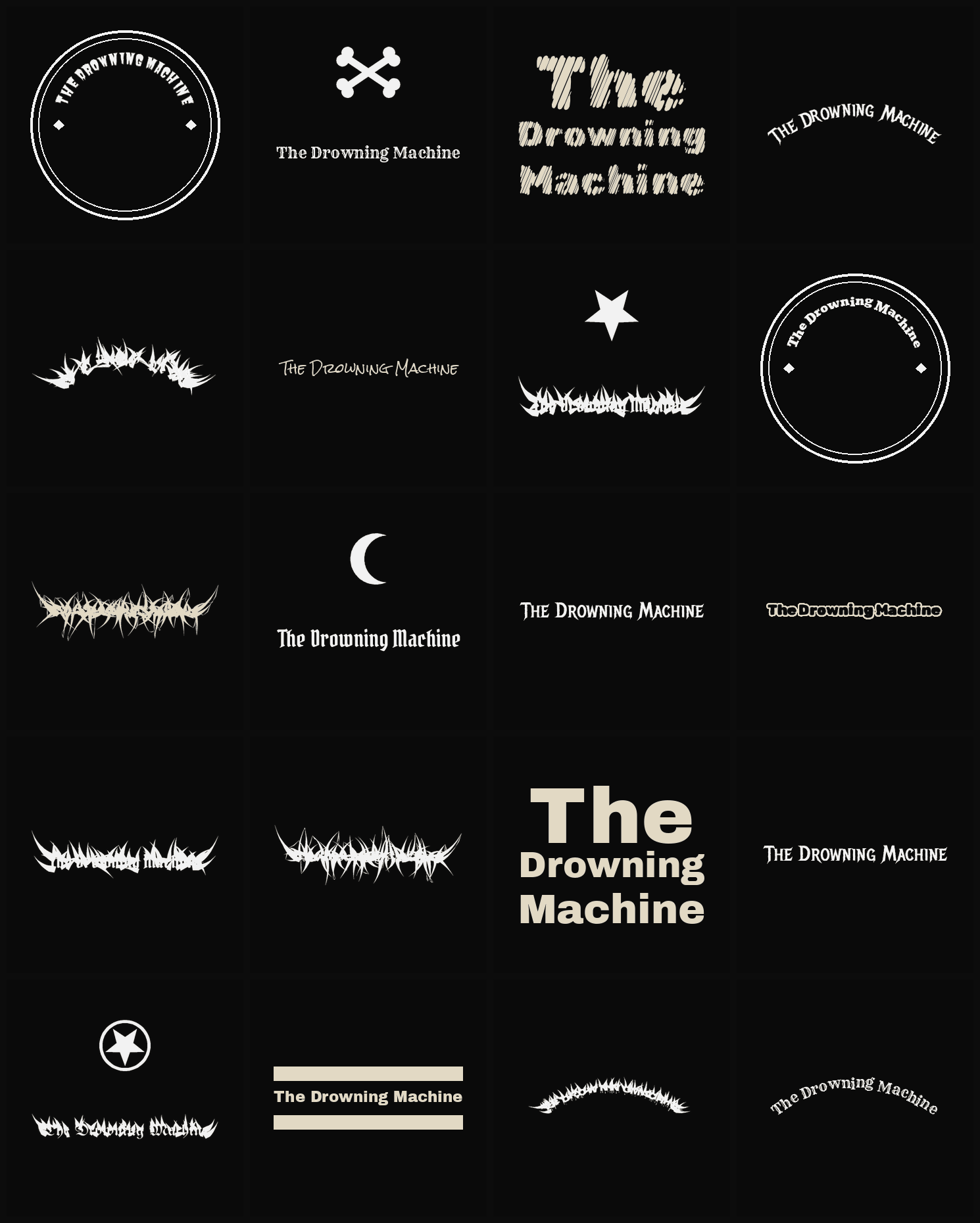 Twenty The Drowning Machine band logo ideas — different faces, treatments and spike settings