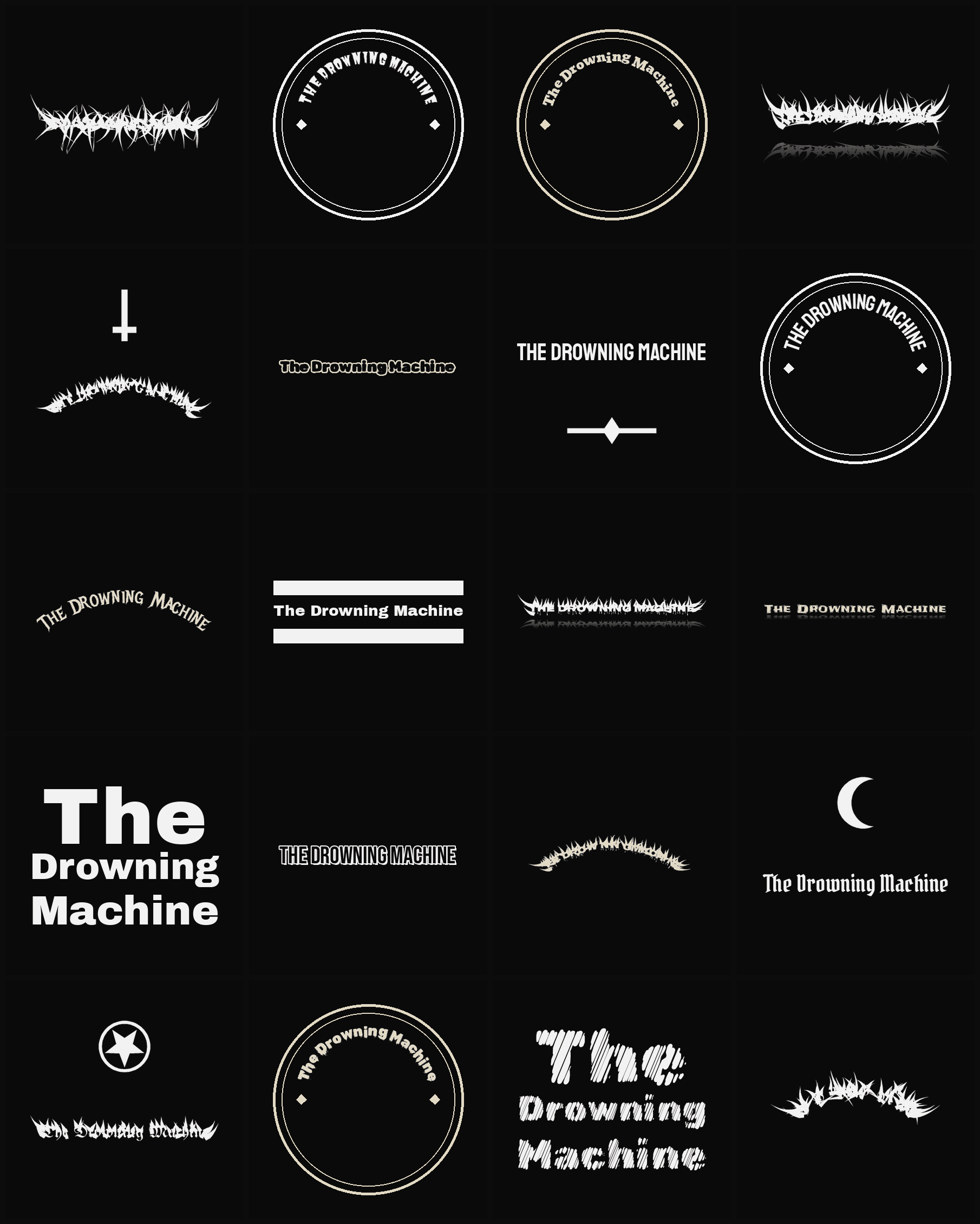 Twenty The Drowning Machine band logo ideas — different faces, treatments and spike settings