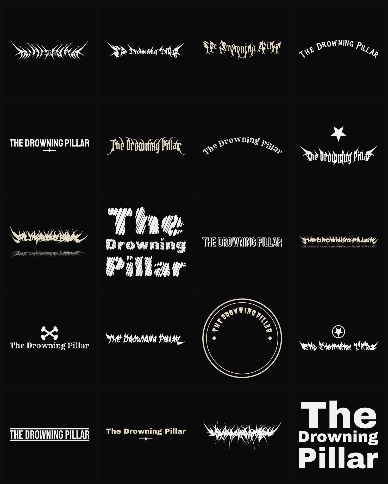 Twenty The Drowning Pillar band logo ideas — different faces, treatments and spike settings