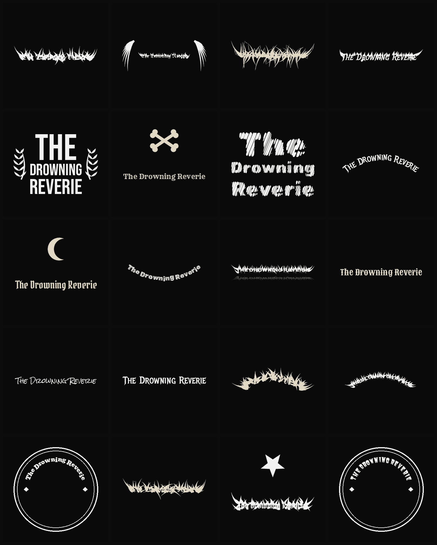 Twenty The Drowning Reverie band logo ideas — different faces, treatments and spike settings
