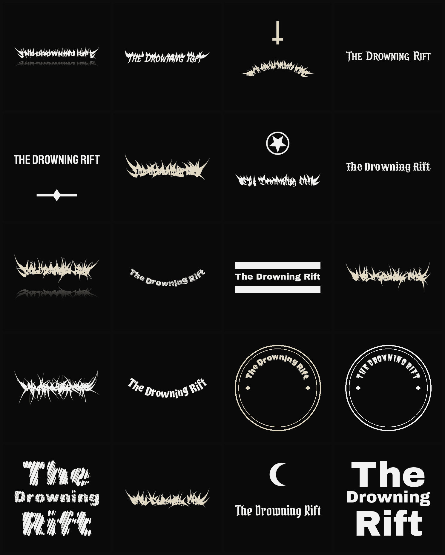 Twenty The Drowning Rift band logo ideas — different faces, treatments and spike settings