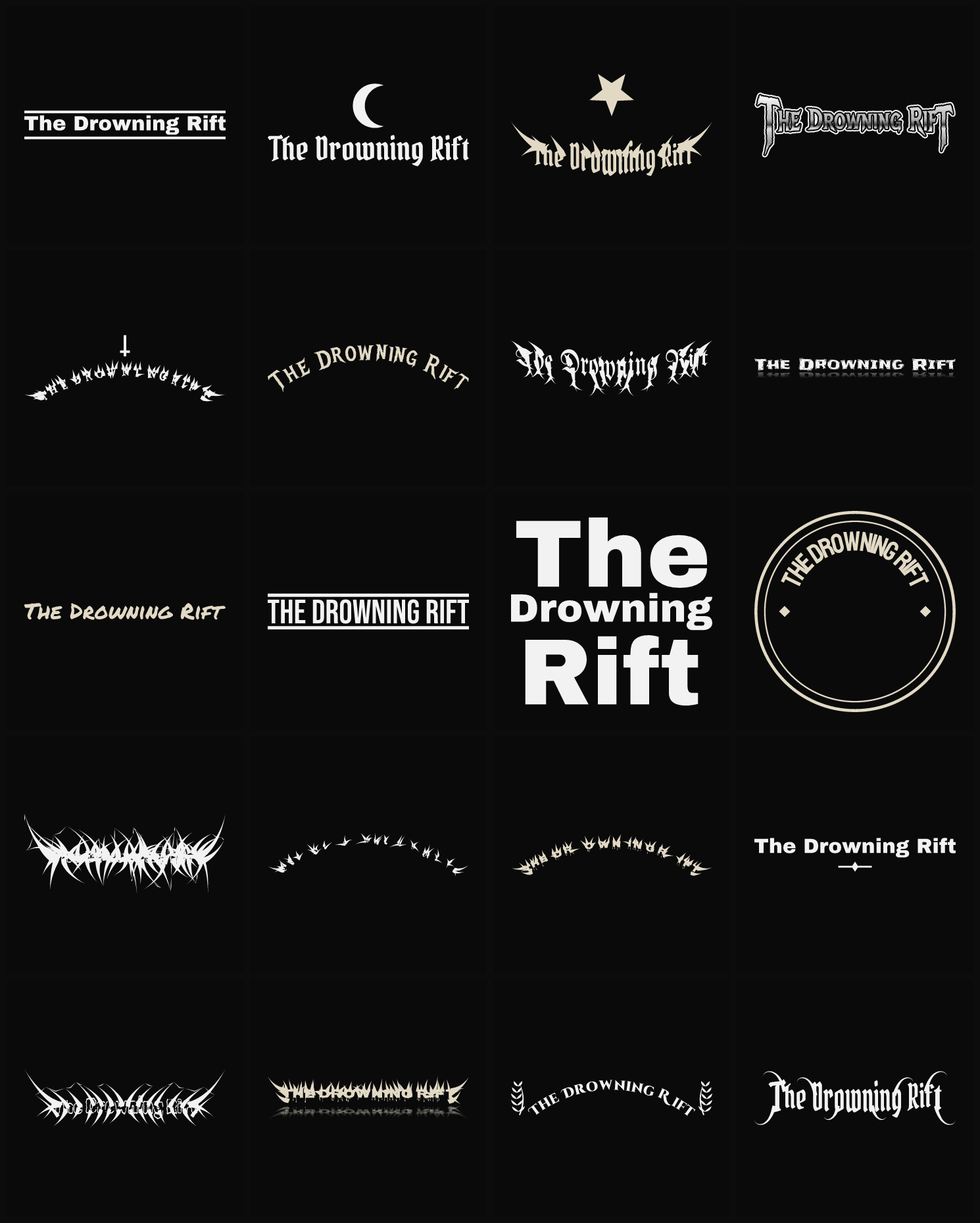 Twenty The Drowning Rift band logo ideas — different faces, treatments and spike settings