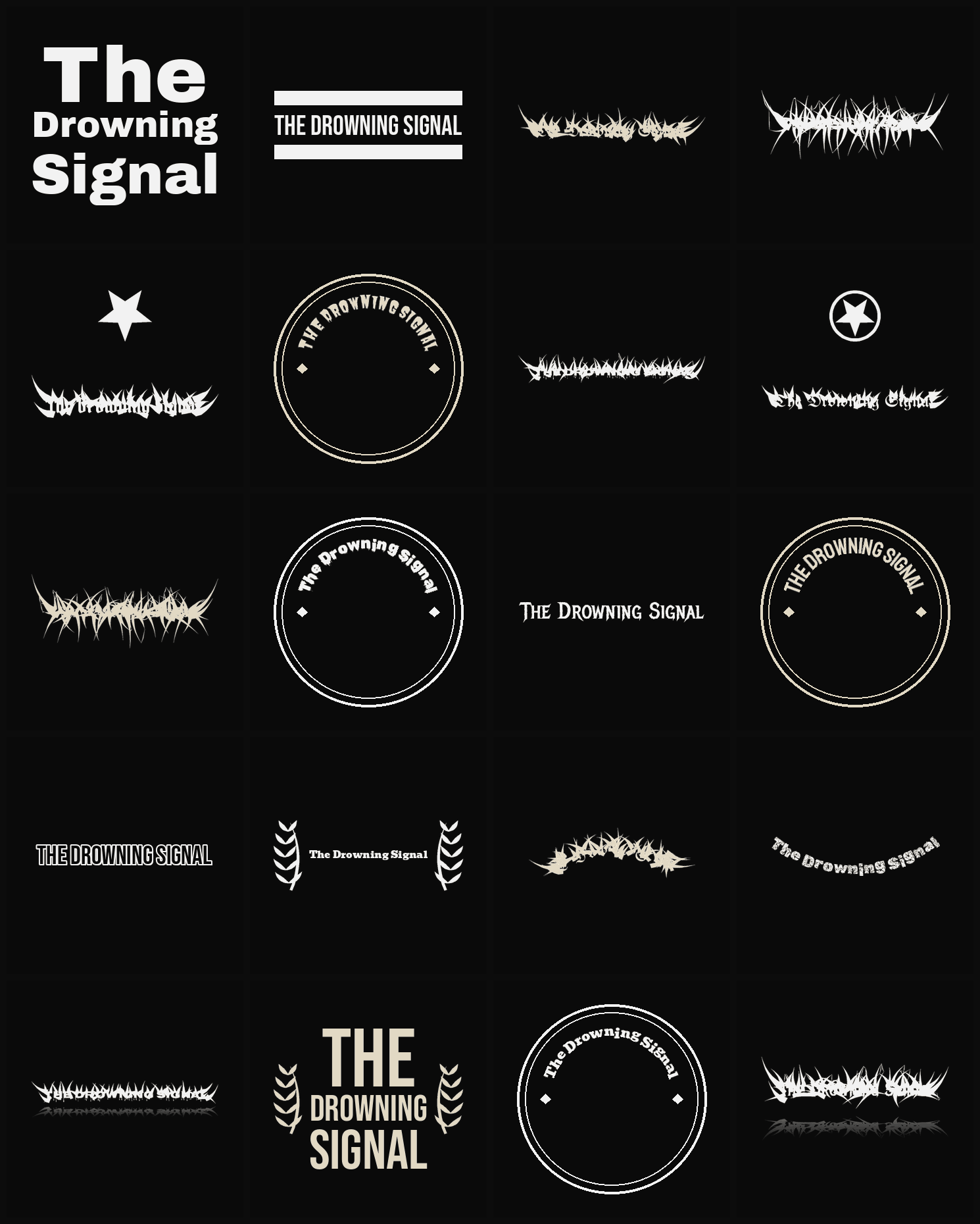 Twenty The Drowning Signal band logo ideas — different faces, treatments and spike settings