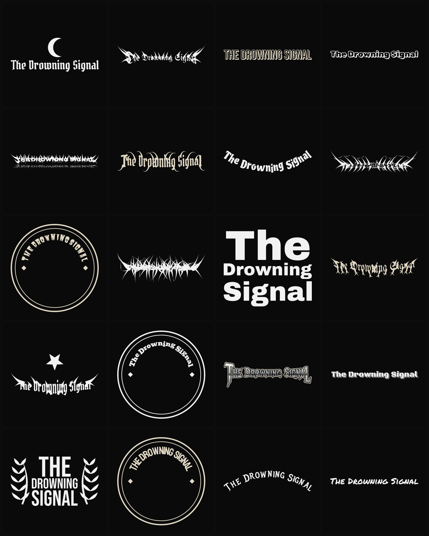Twenty The Drowning Signal band logo ideas — different faces, treatments and spike settings