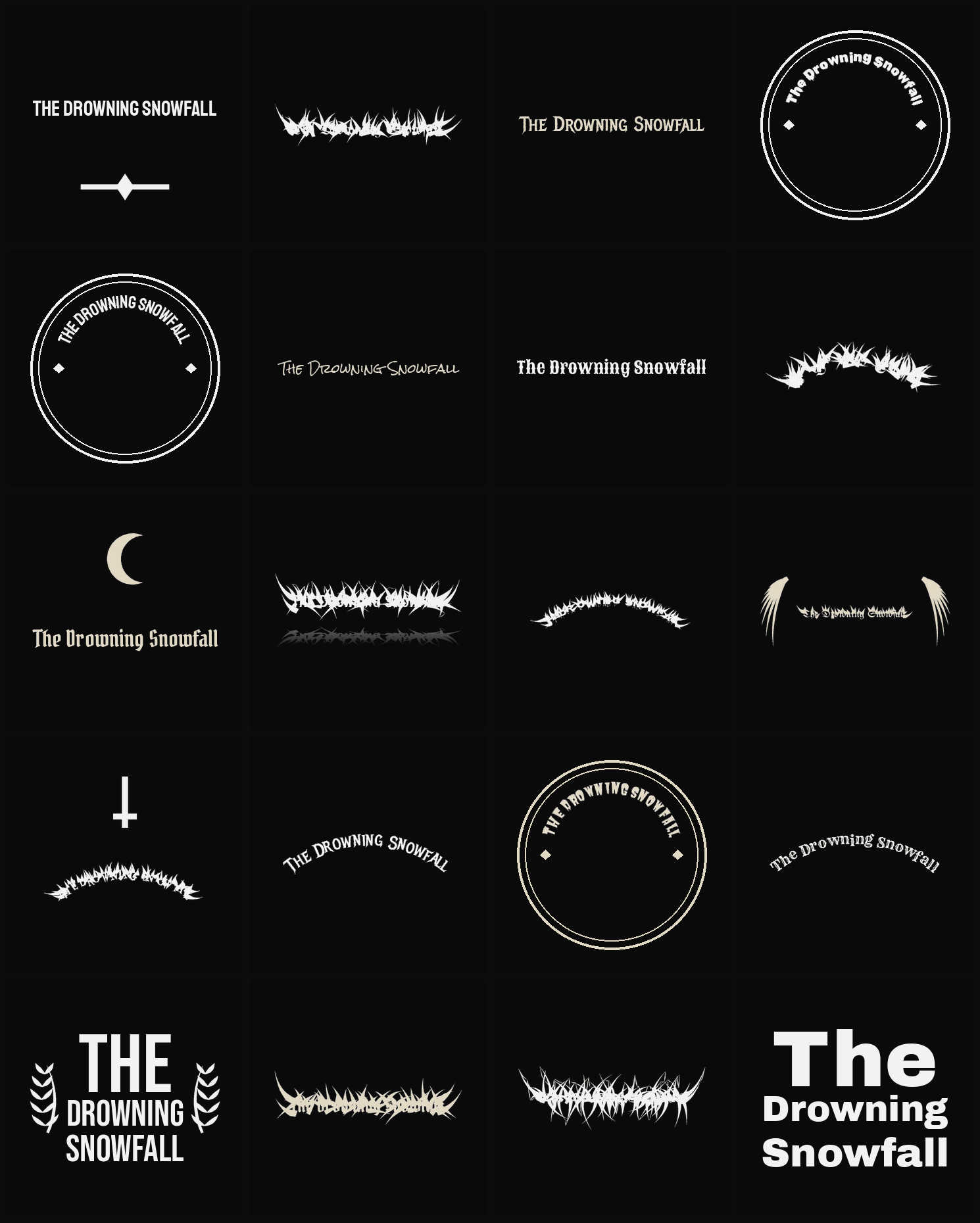 Twenty The Drowning Snowfall band logo ideas — different faces, treatments and spike settings