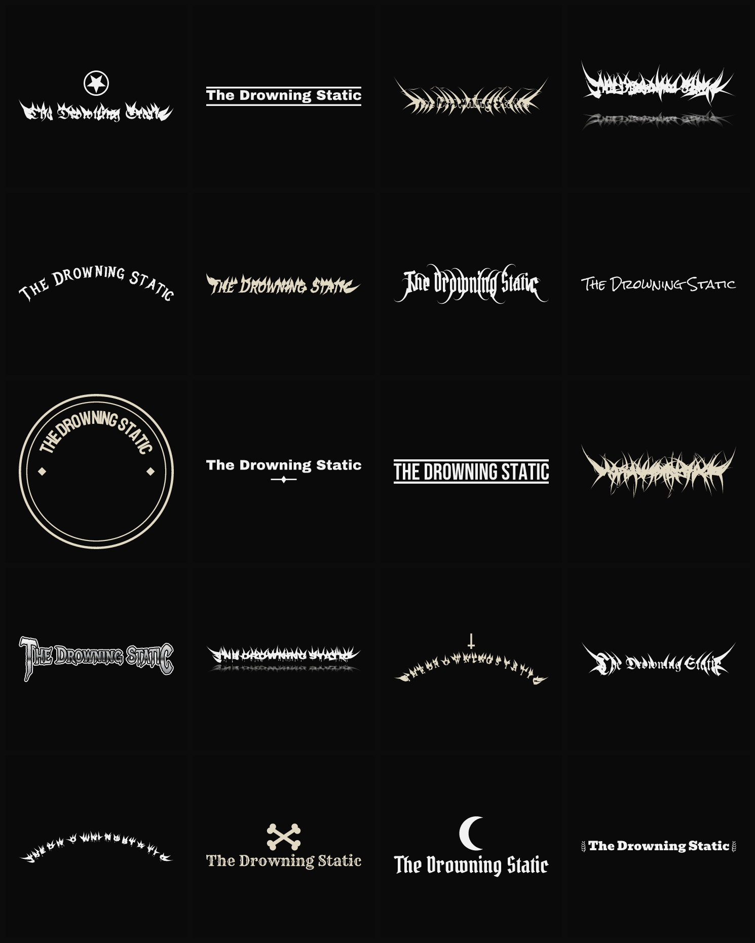 Twenty The Drowning Static band logo ideas — different faces, treatments and spike settings