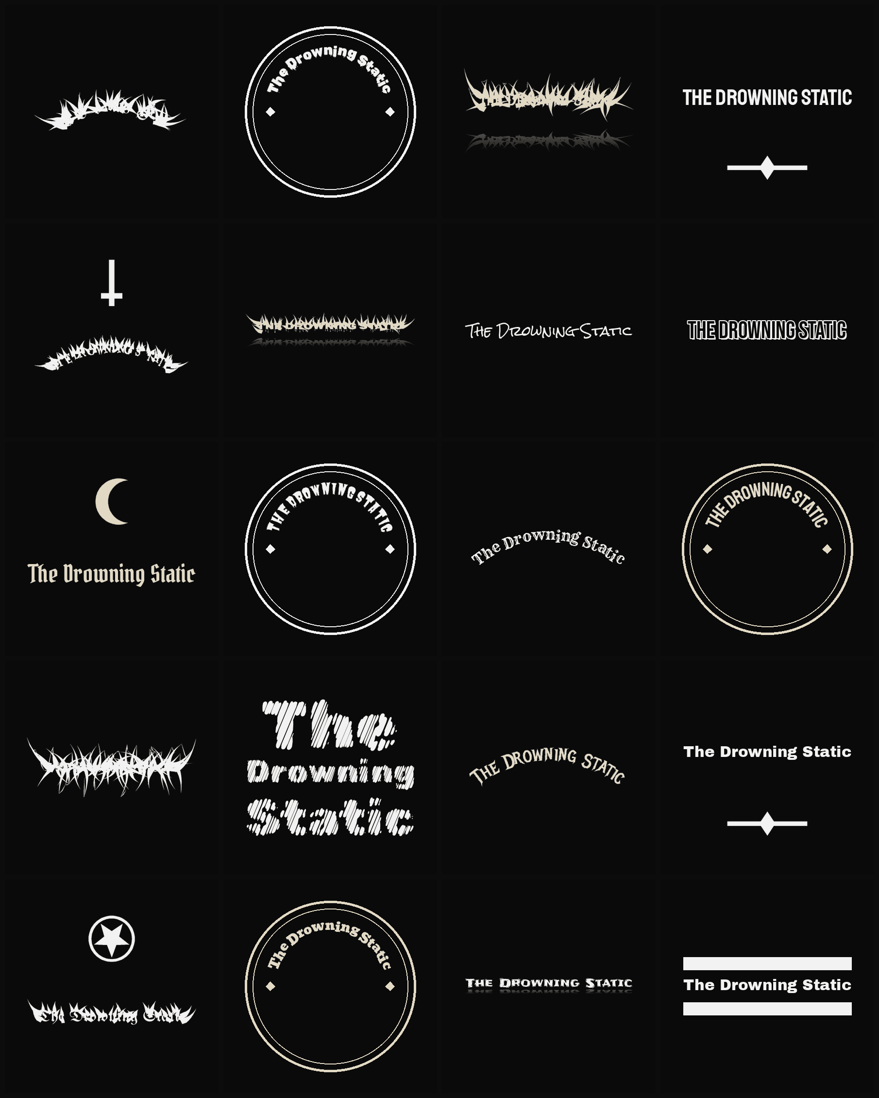 Twenty The Drowning Static band logo ideas — different faces, treatments and spike settings
