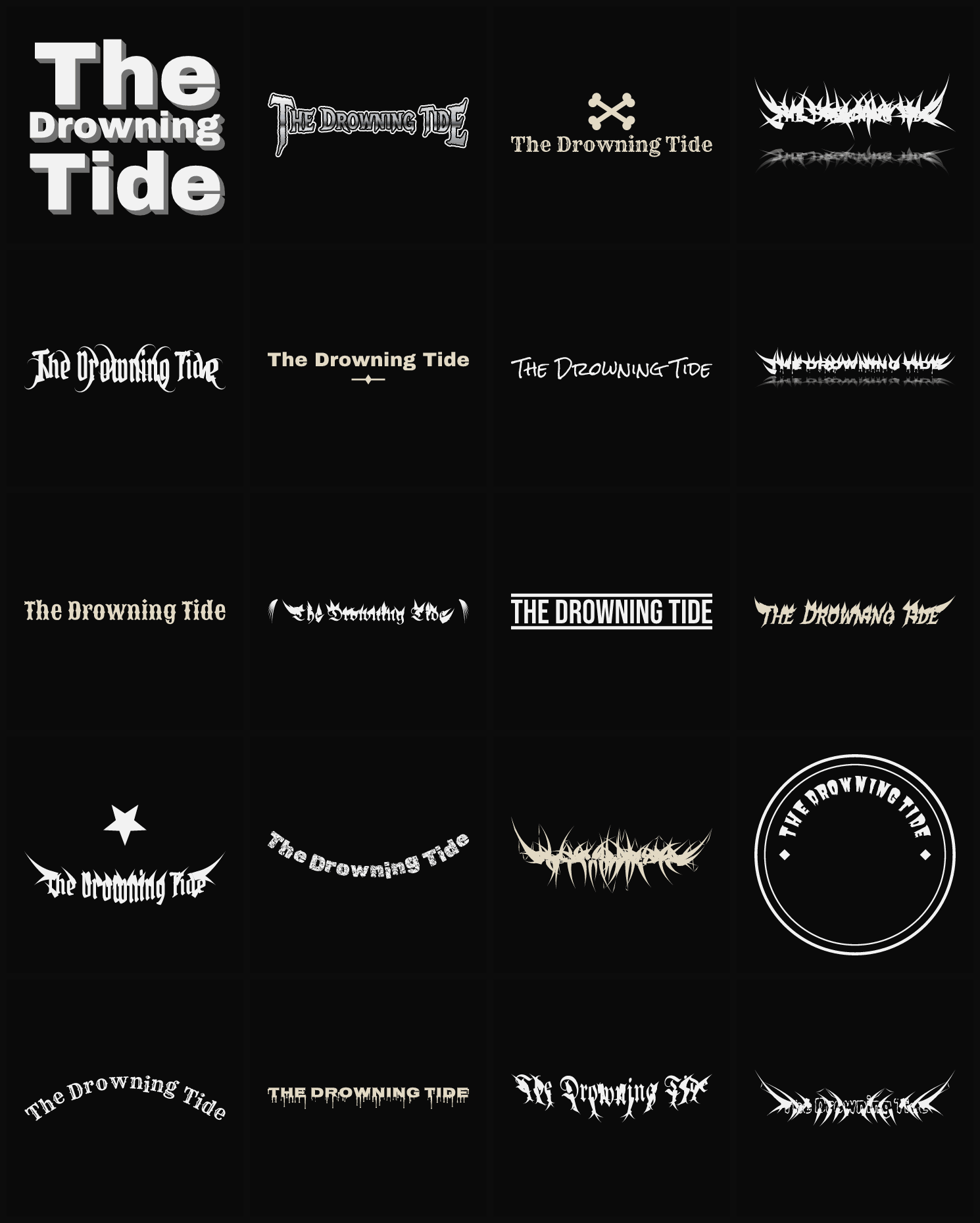 Twenty The Drowning Tide band logo ideas — different faces, treatments and spike settings