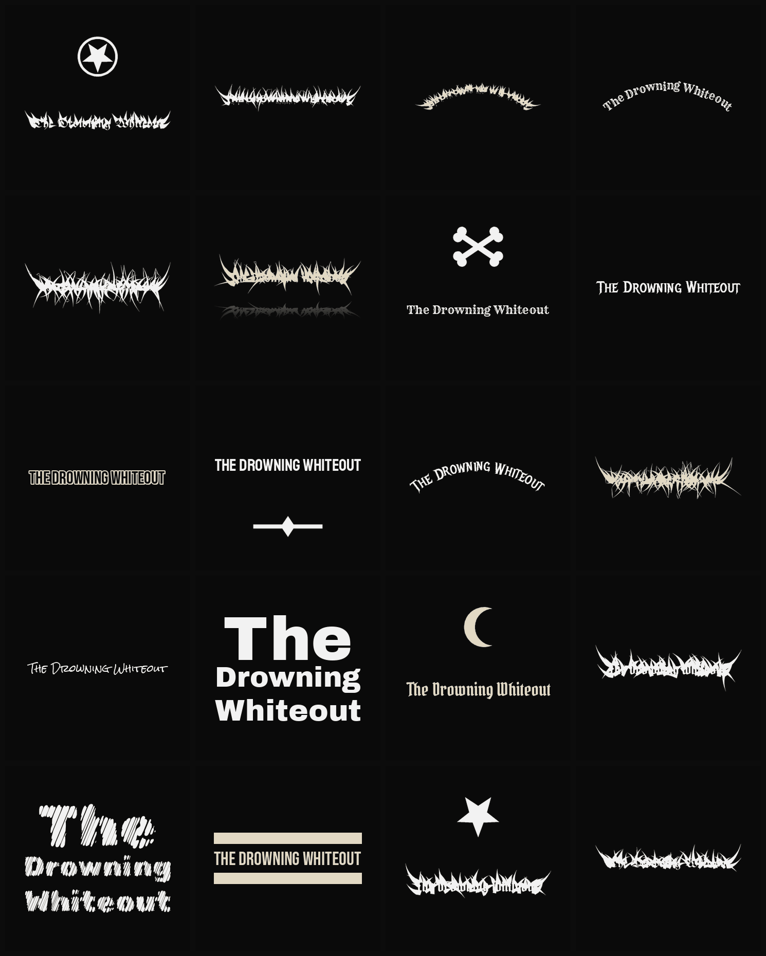 Twenty The Drowning Whiteout band logo ideas — different faces, treatments and spike settings