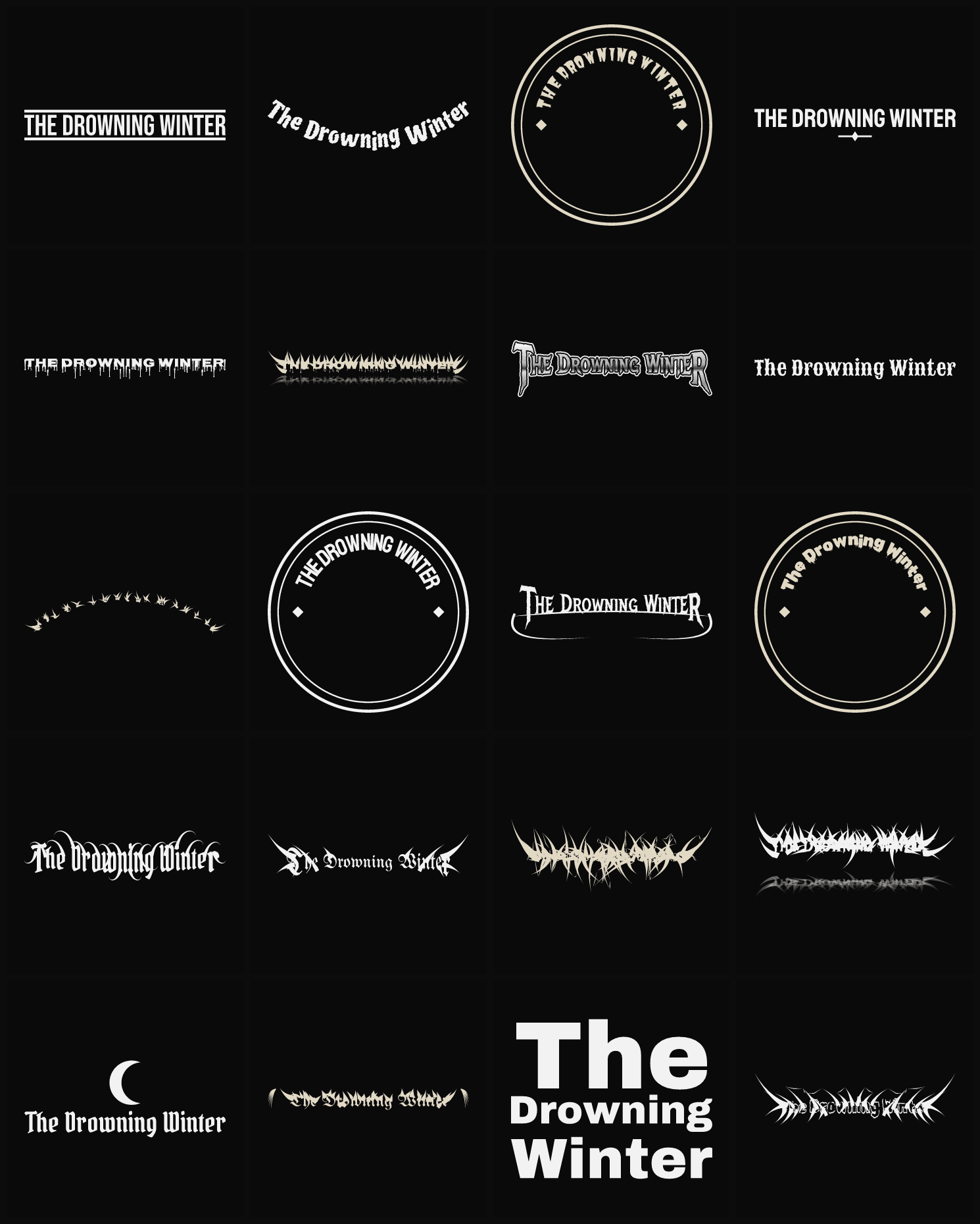 Twenty The Drowning Winter band logo ideas — different faces, treatments and spike settings