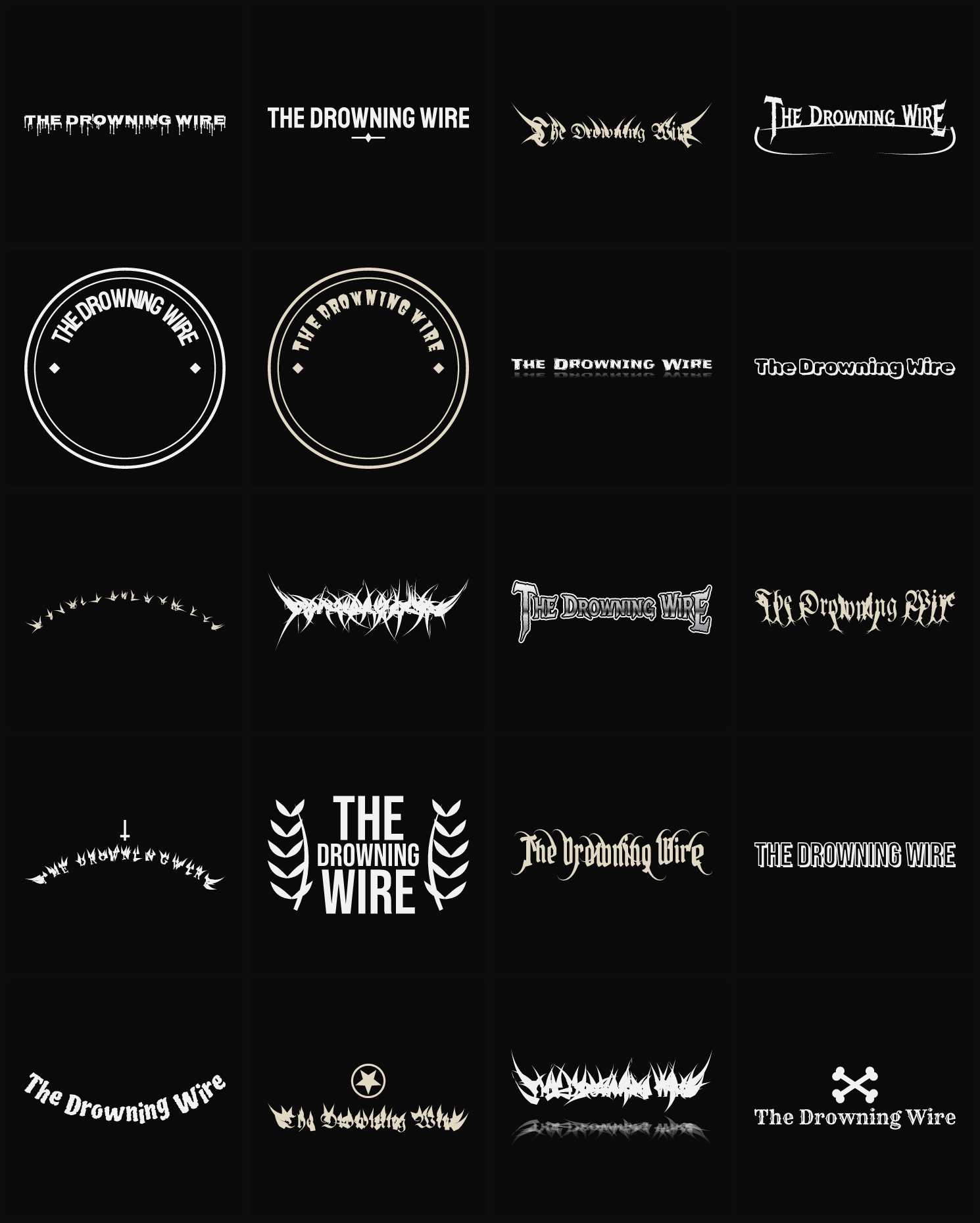 Twenty The Drowning Wire band logo ideas — different faces, treatments and spike settings