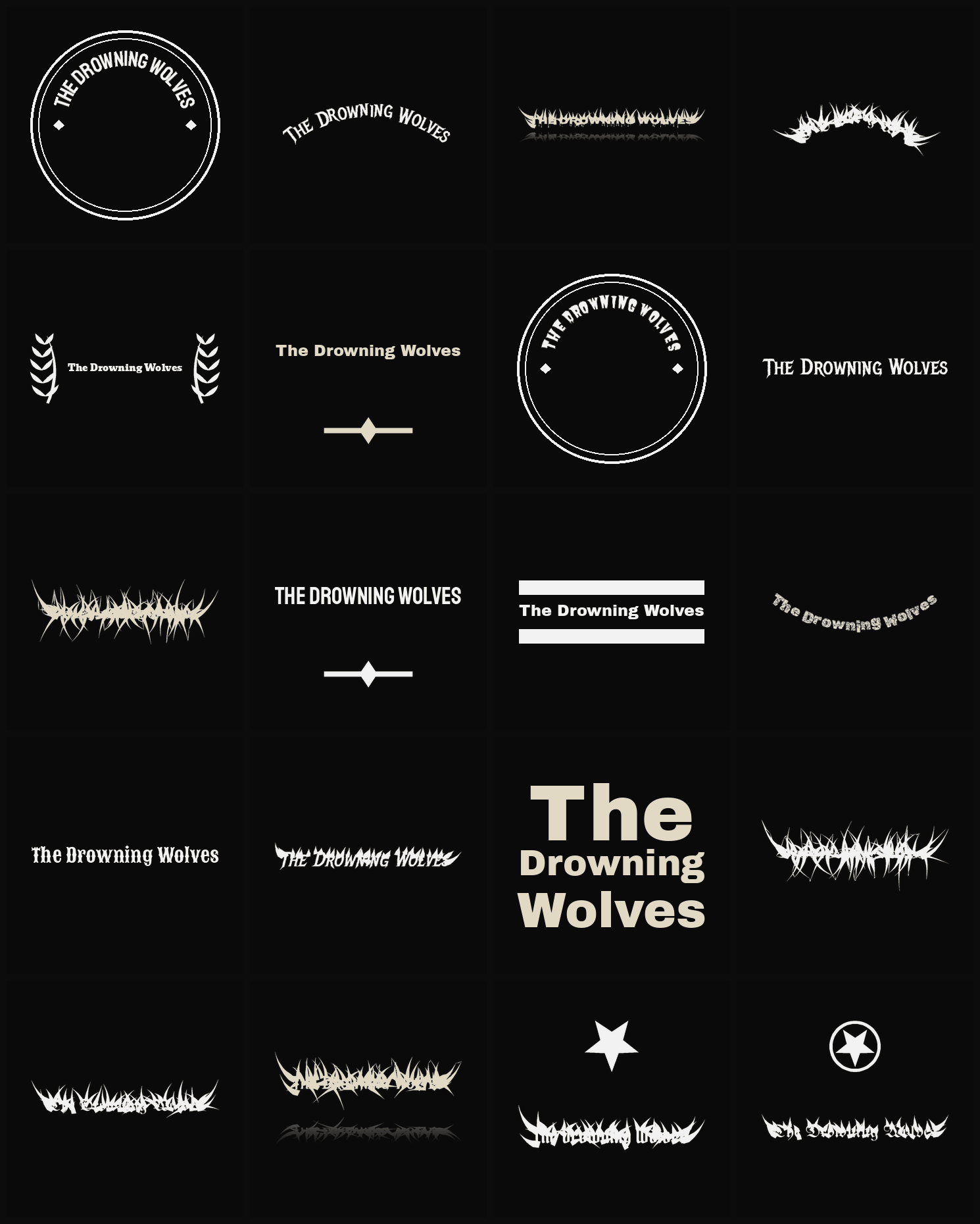 Twenty The Drowning Wolves band logo ideas — different faces, treatments and spike settings