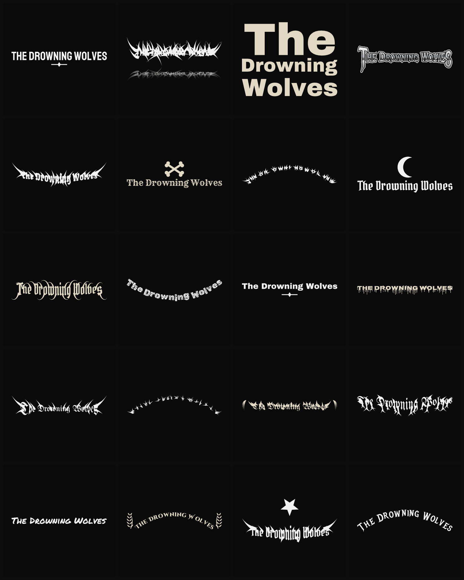 Twenty The Drowning Wolves band logo ideas — different faces, treatments and spike settings