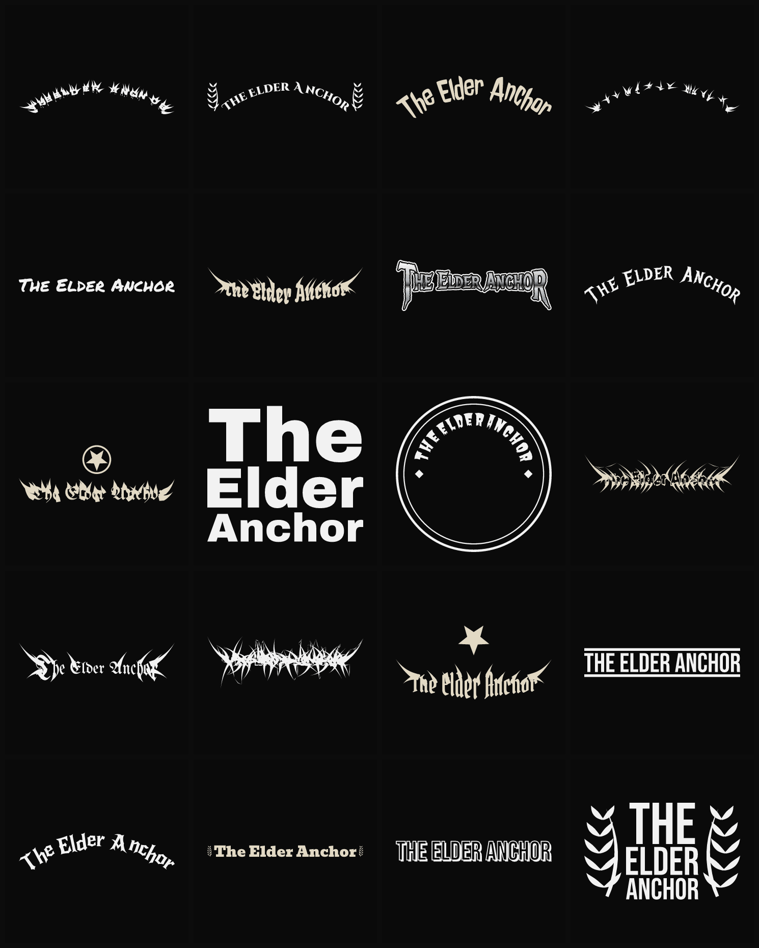 Twenty The Elder Anchor band logo ideas — different faces, treatments and spike settings
