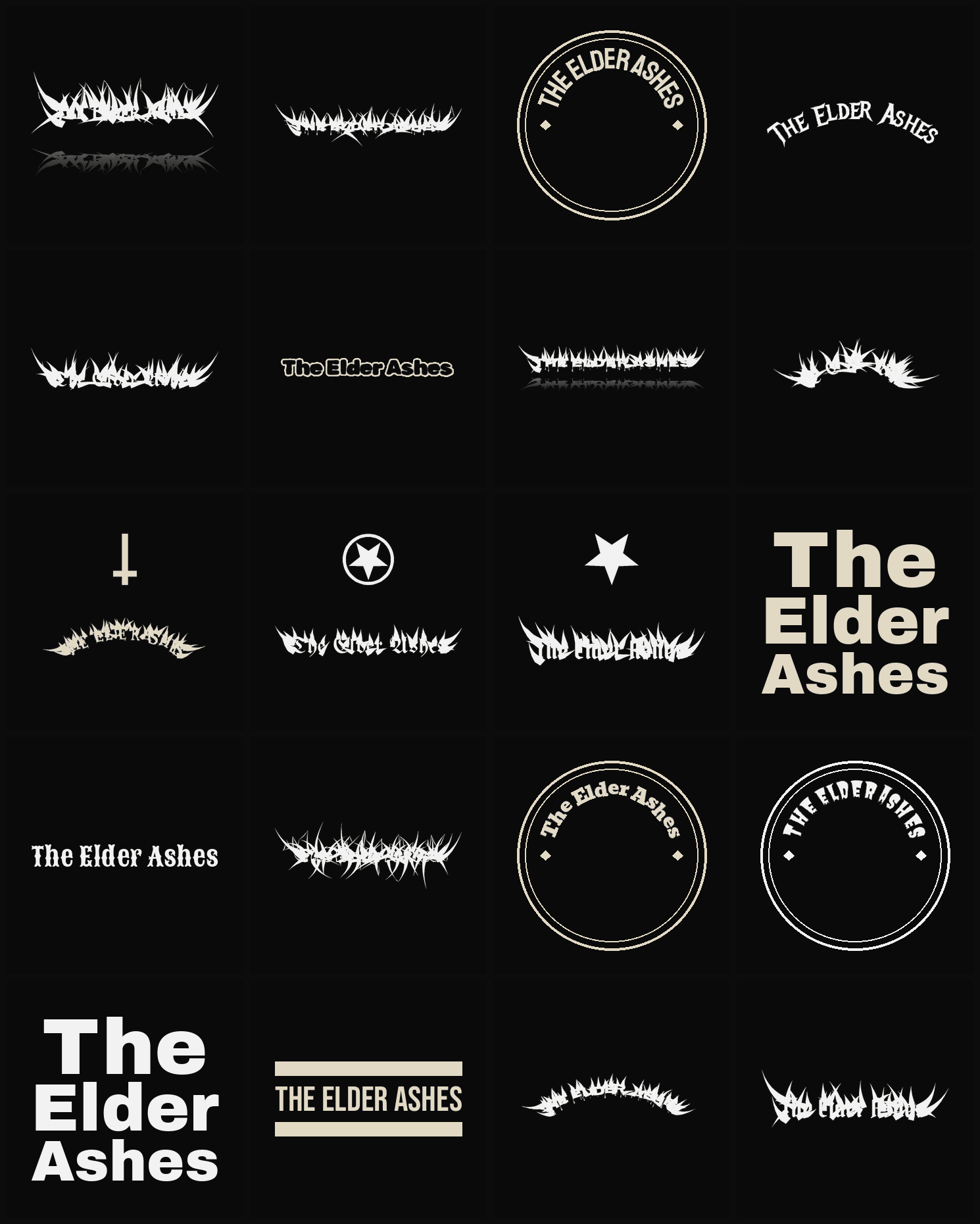 Twenty The Elder Ashes band logo ideas — different faces, treatments and spike settings