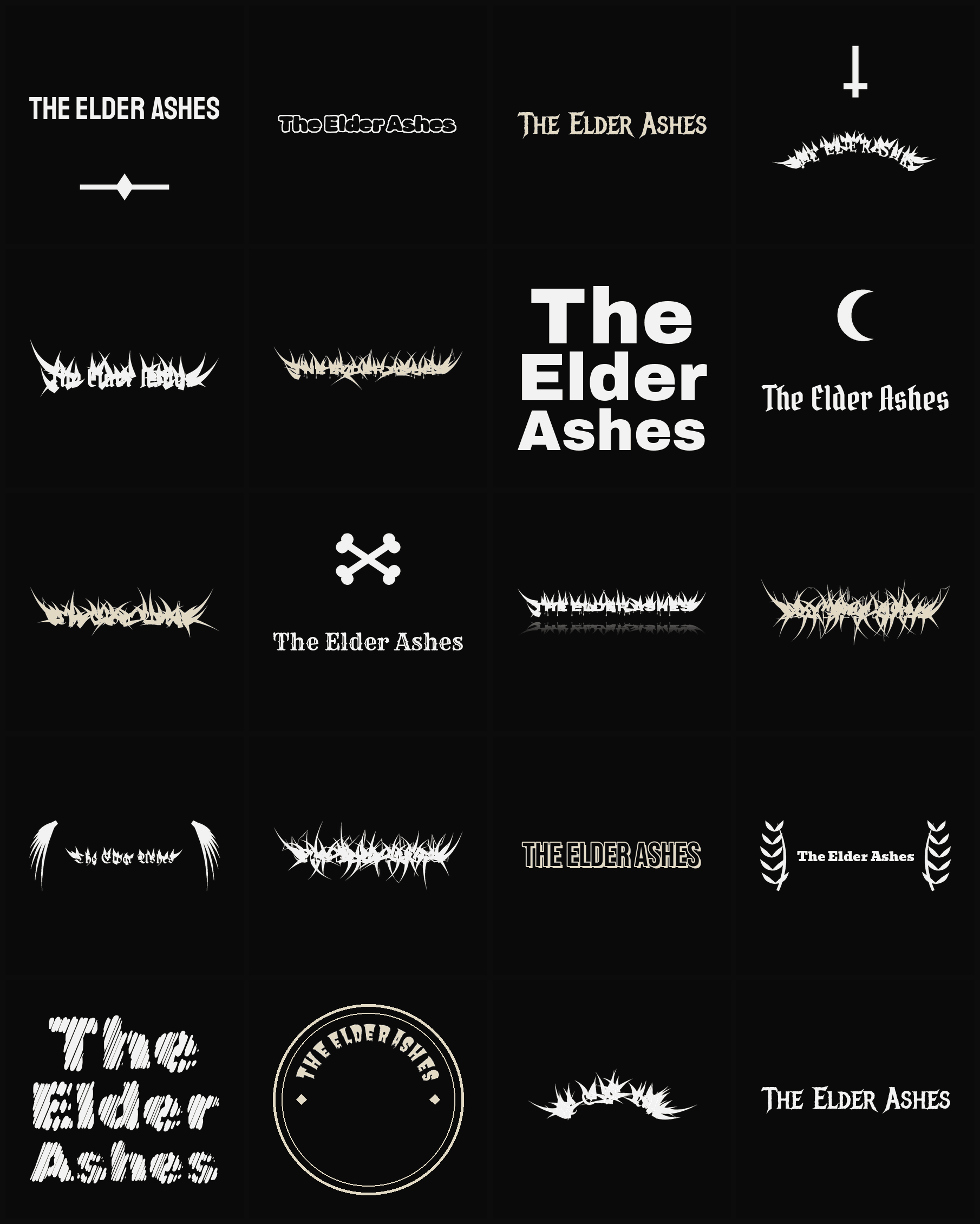 Twenty The Elder Ashes band logo ideas — different faces, treatments and spike settings