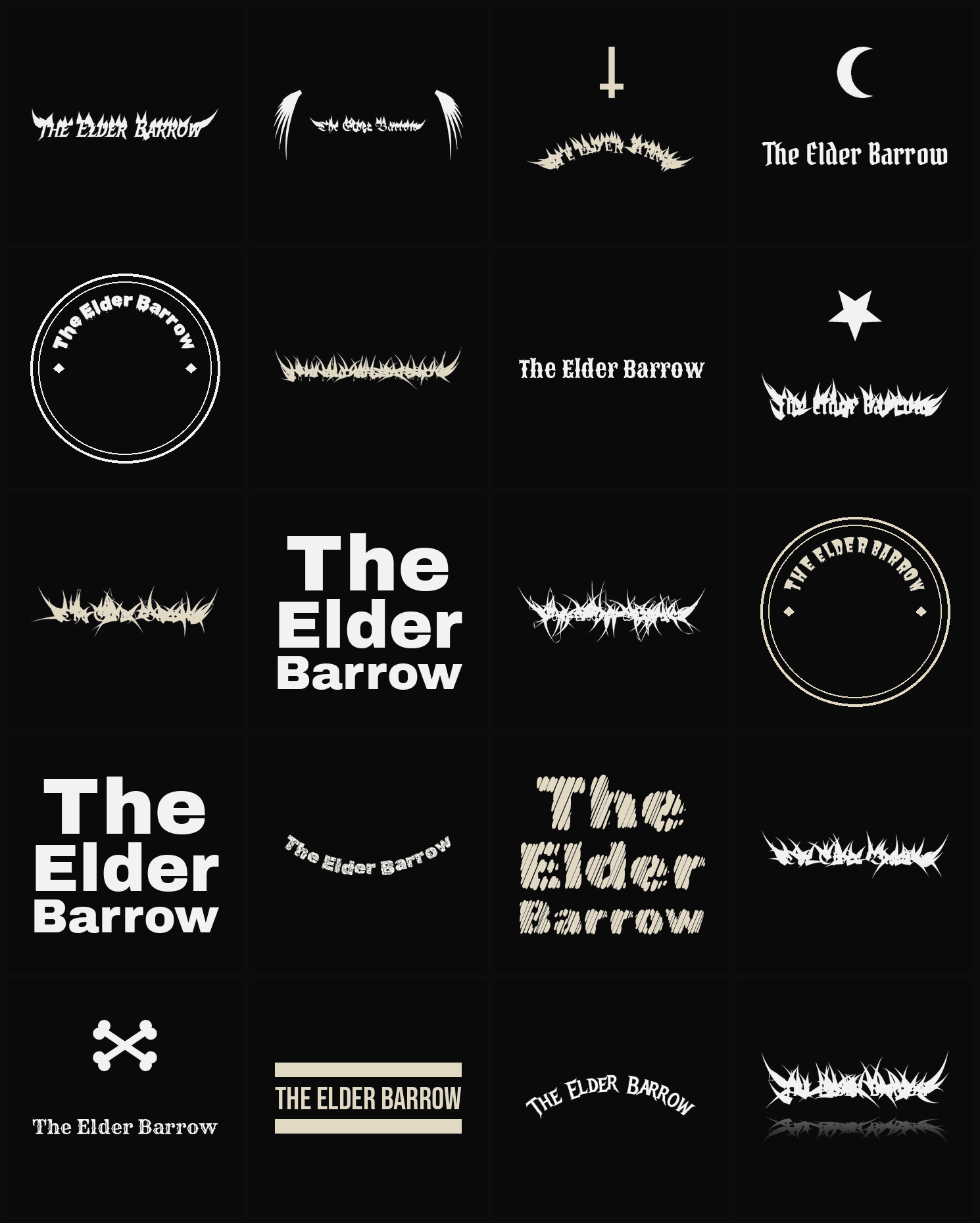 Twenty The Elder Barrow band logo ideas — different faces, treatments and spike settings