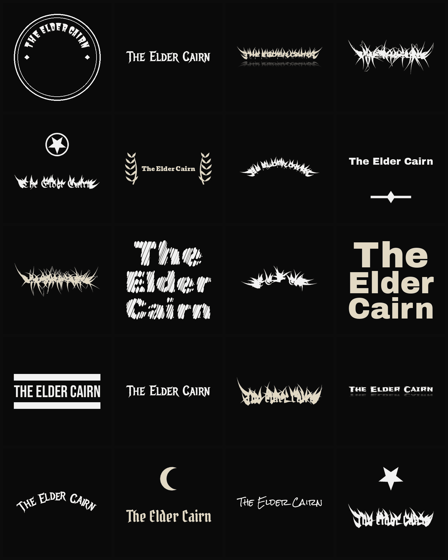 Twenty The Elder Cairn band logo ideas — different faces, treatments and spike settings