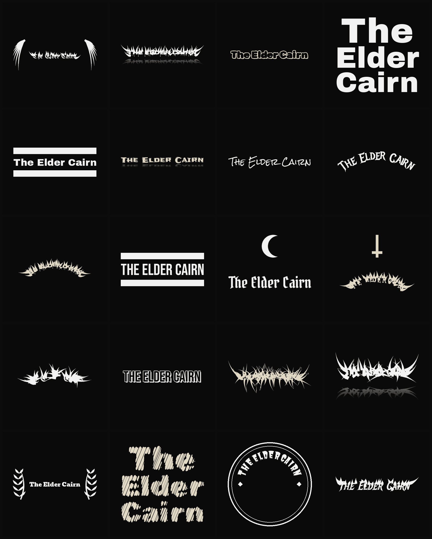 Twenty The Elder Cairn band logo ideas — different faces, treatments and spike settings