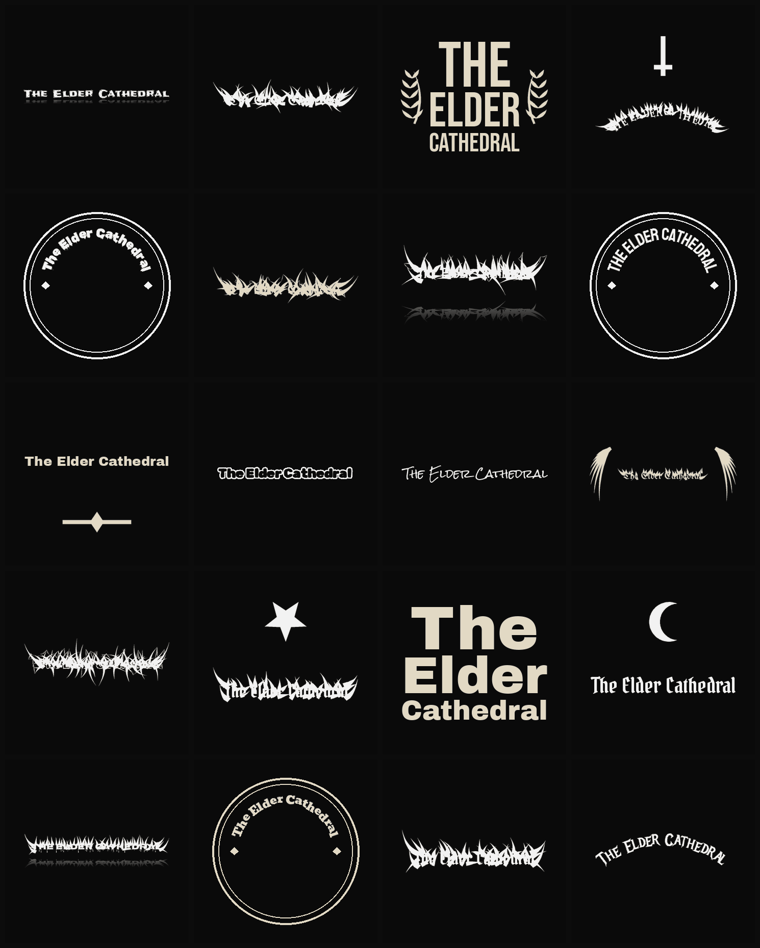 Twenty The Elder Cathedral band logo ideas — different faces, treatments and spike settings
