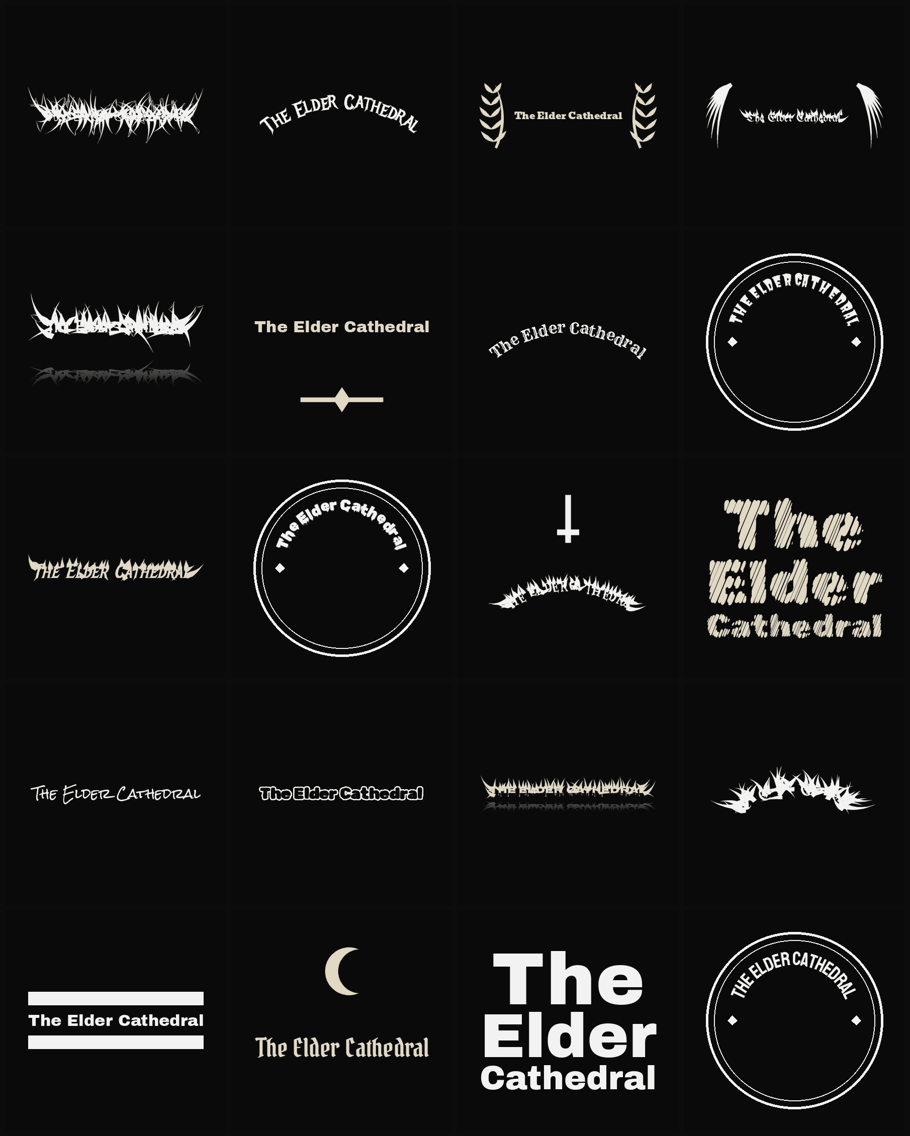 Twenty The Elder Cathedral band logo ideas — different faces, treatments and spike settings