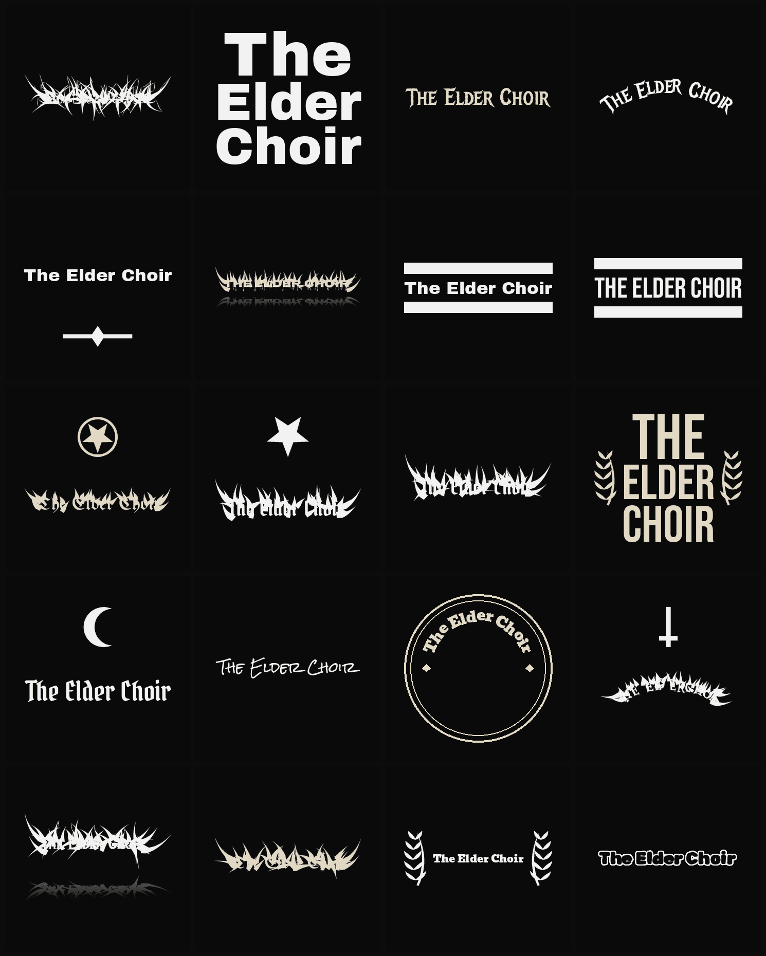 Twenty The Elder Choir band logo ideas — different faces, treatments and spike settings