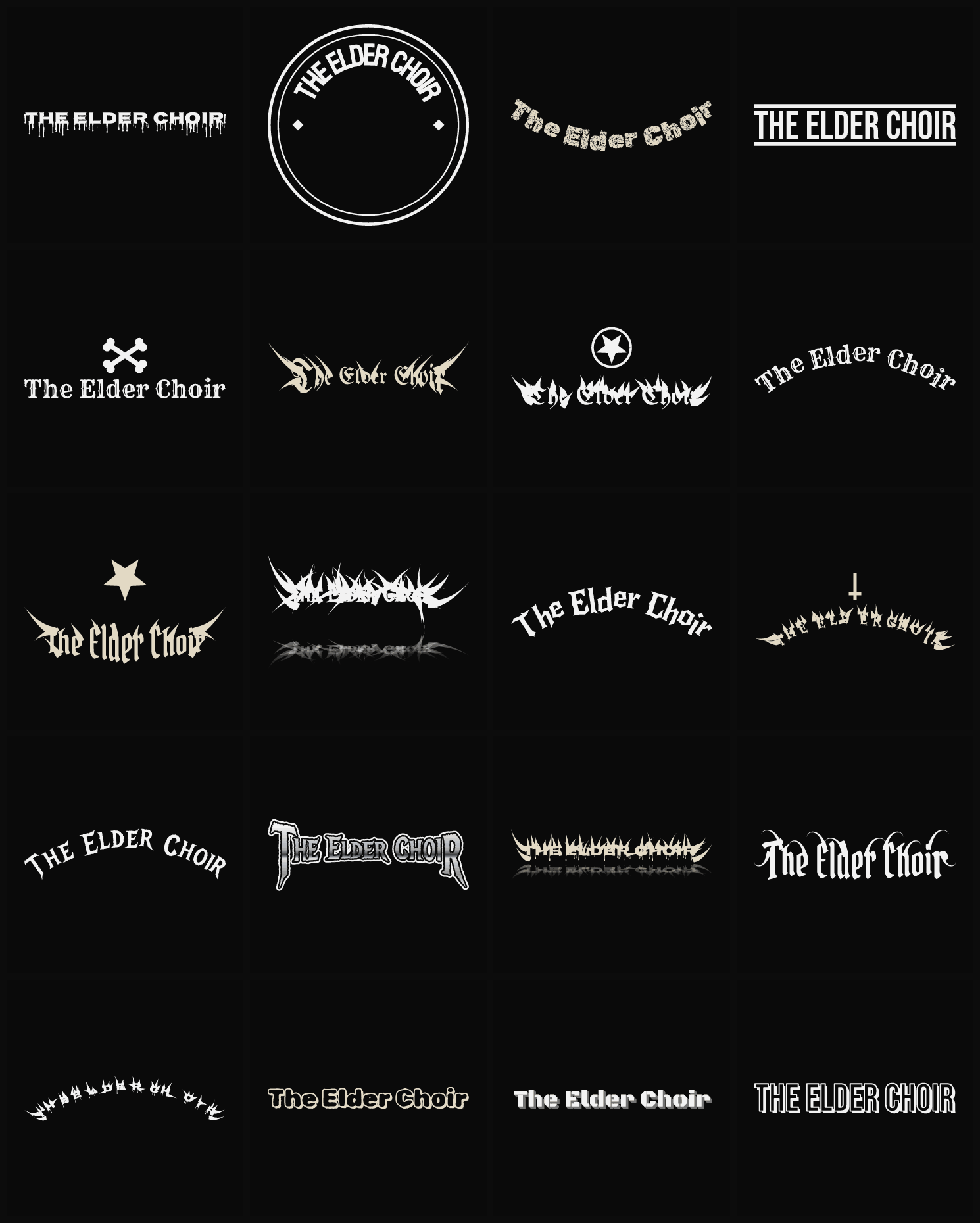 Twenty The Elder Choir band logo ideas — different faces, treatments and spike settings