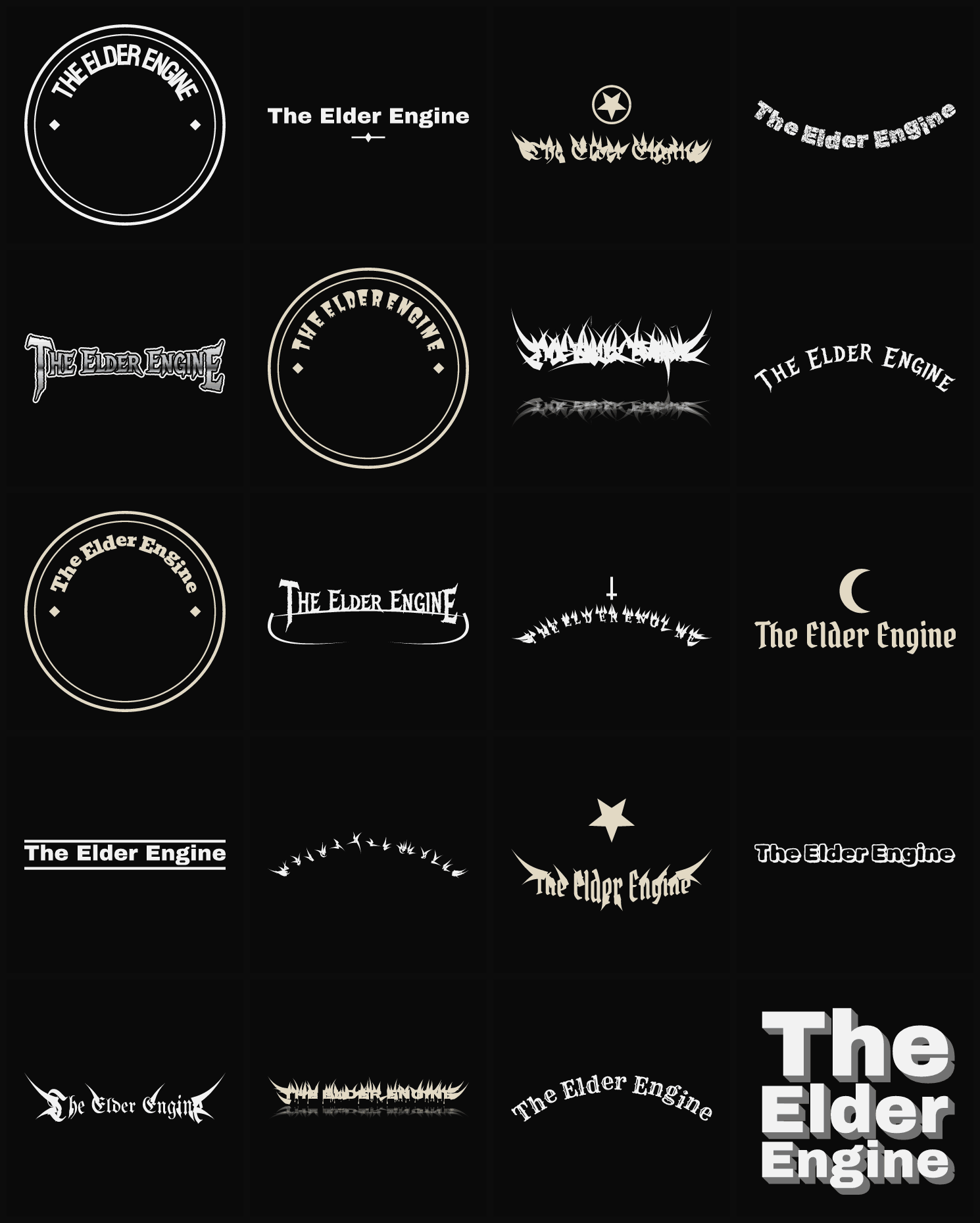 Twenty The Elder Engine band logo ideas — different faces, treatments and spike settings