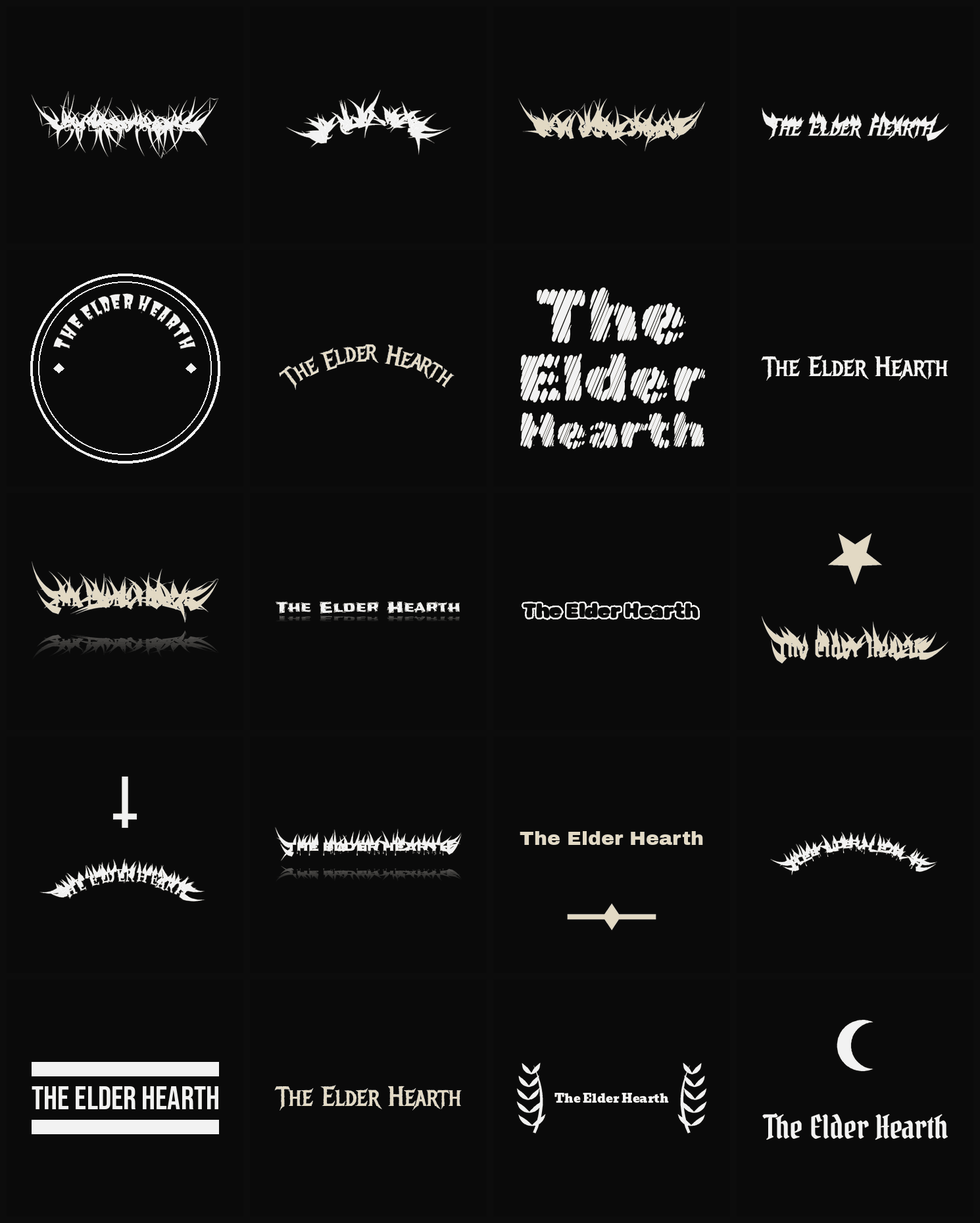 Twenty The Elder Hearth band logo ideas — different faces, treatments and spike settings