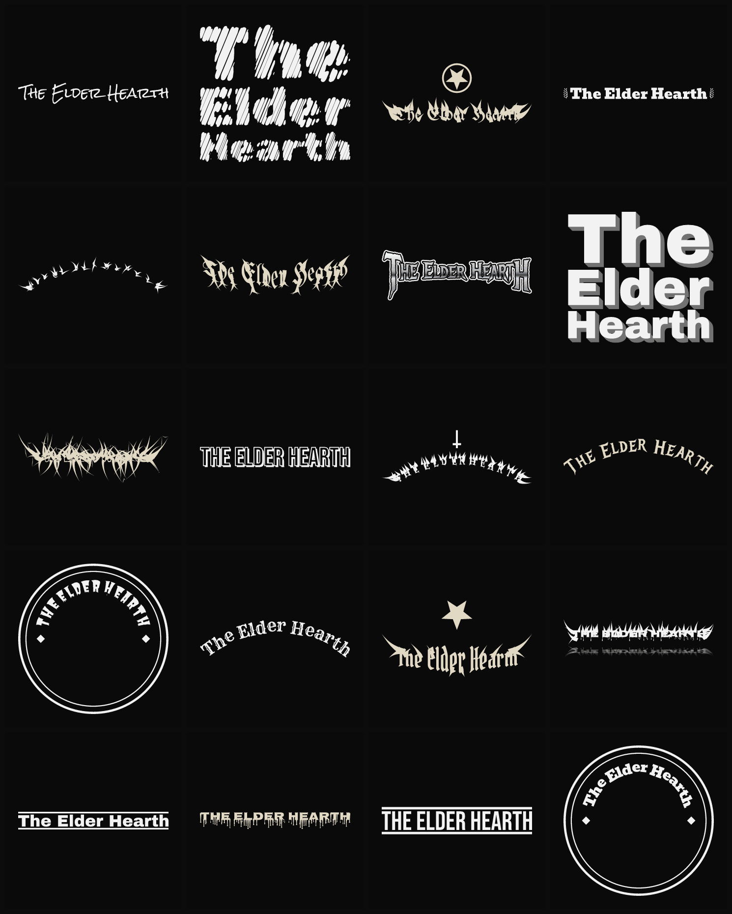 Twenty The Elder Hearth band logo ideas — different faces, treatments and spike settings