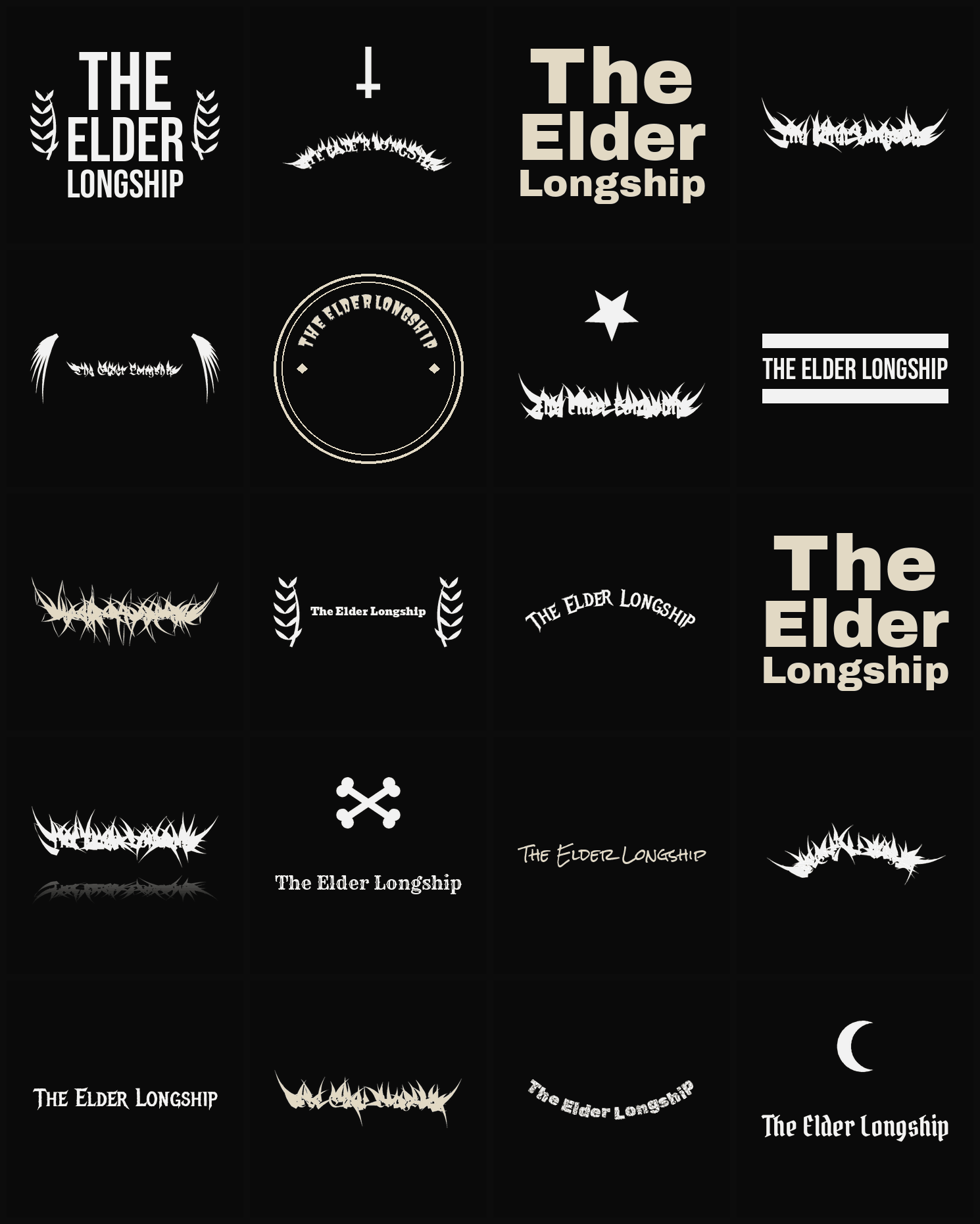 Twenty The Elder Longship band logo ideas — different faces, treatments and spike settings
