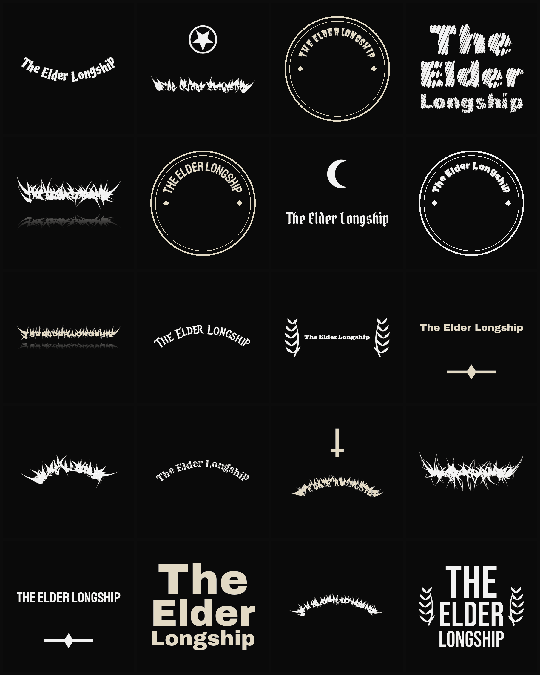 Twenty The Elder Longship band logo ideas — different faces, treatments and spike settings