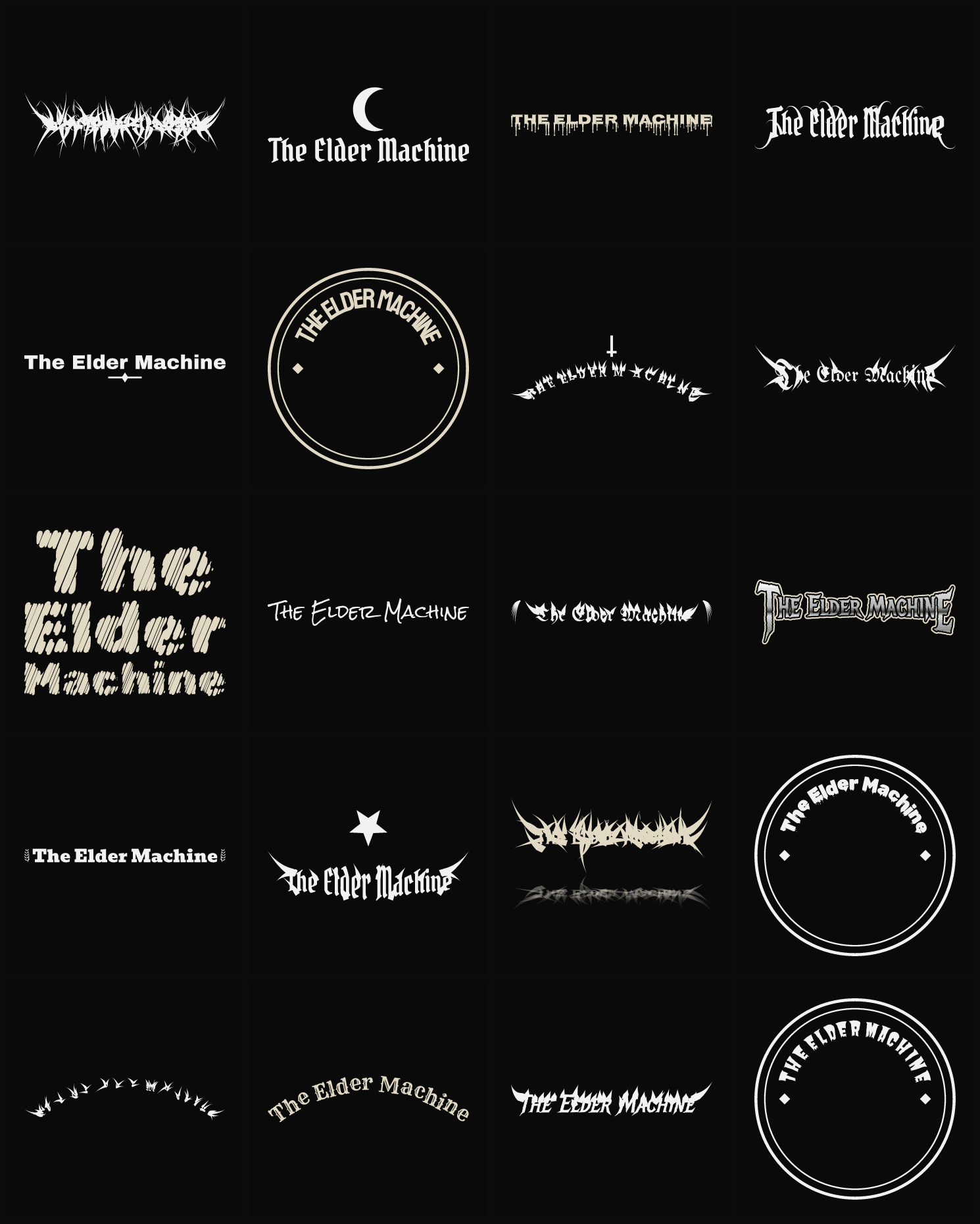 Twenty The Elder Machine band logo ideas — different faces, treatments and spike settings