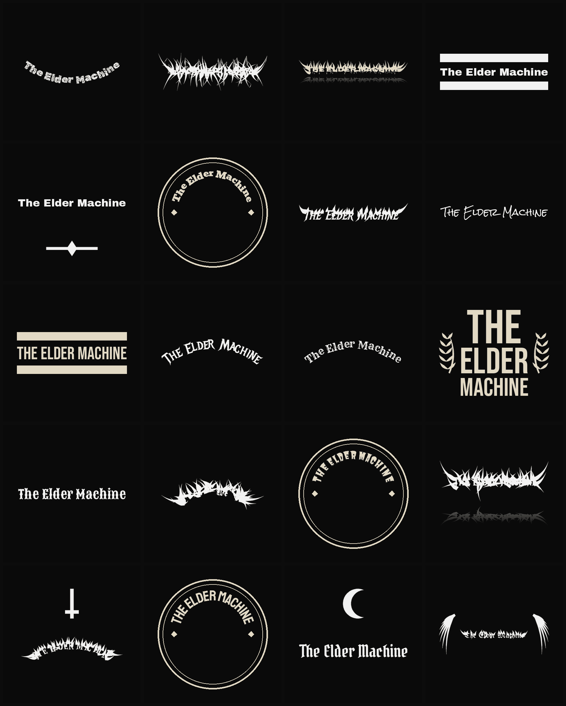 Twenty The Elder Machine band logo ideas — different faces, treatments and spike settings