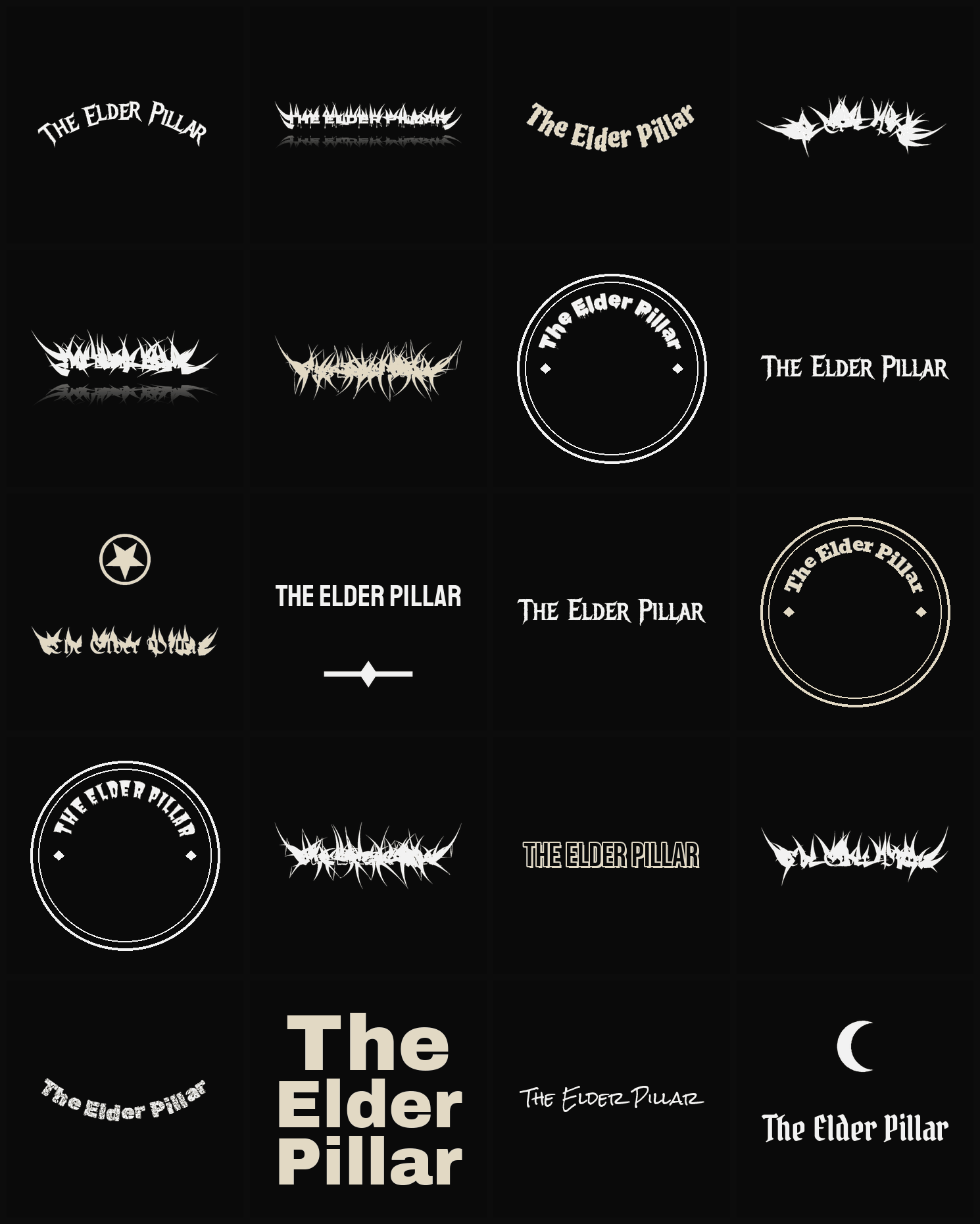 Twenty The Elder Pillar band logo ideas — different faces, treatments and spike settings