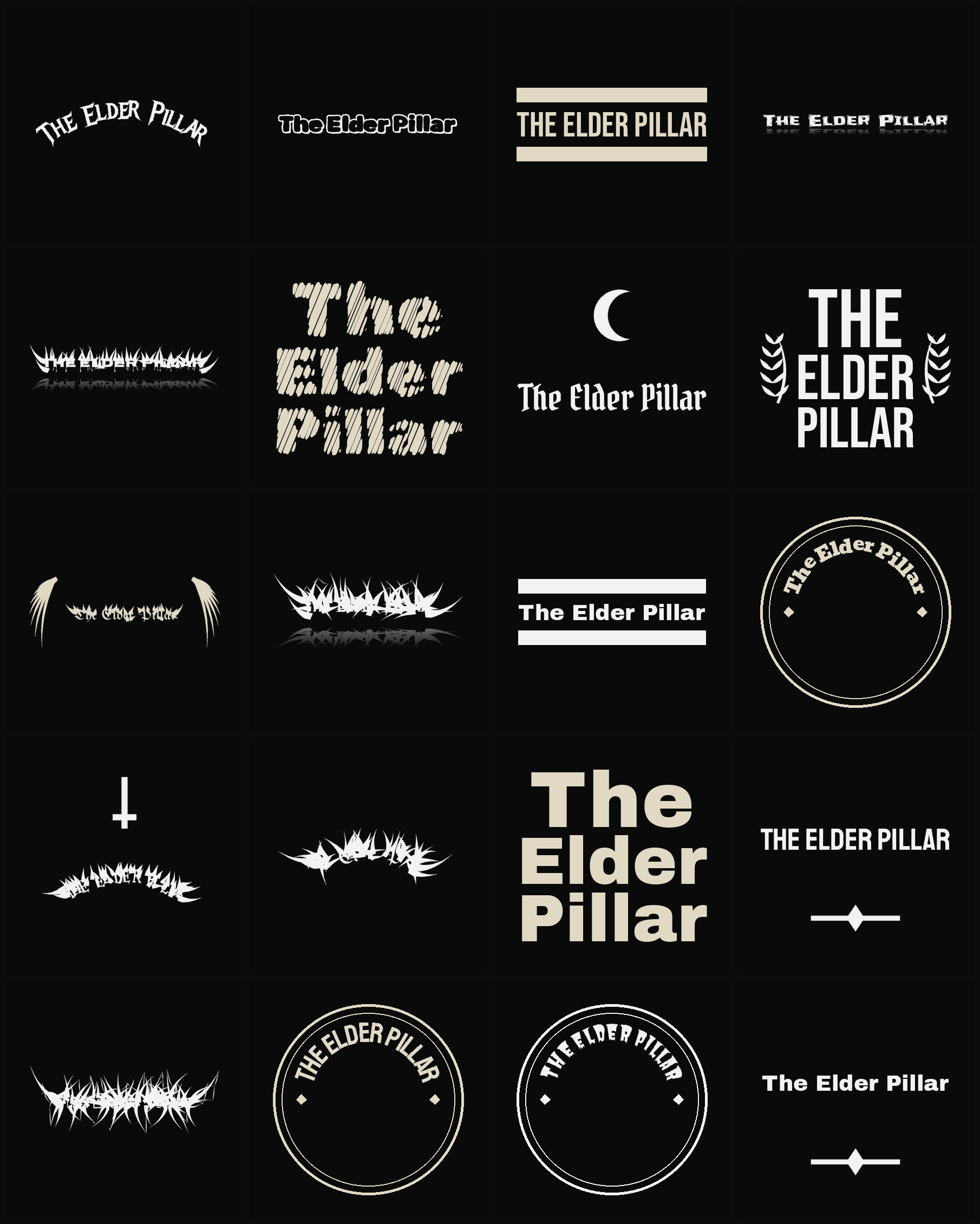 Twenty The Elder Pillar band logo ideas — different faces, treatments and spike settings