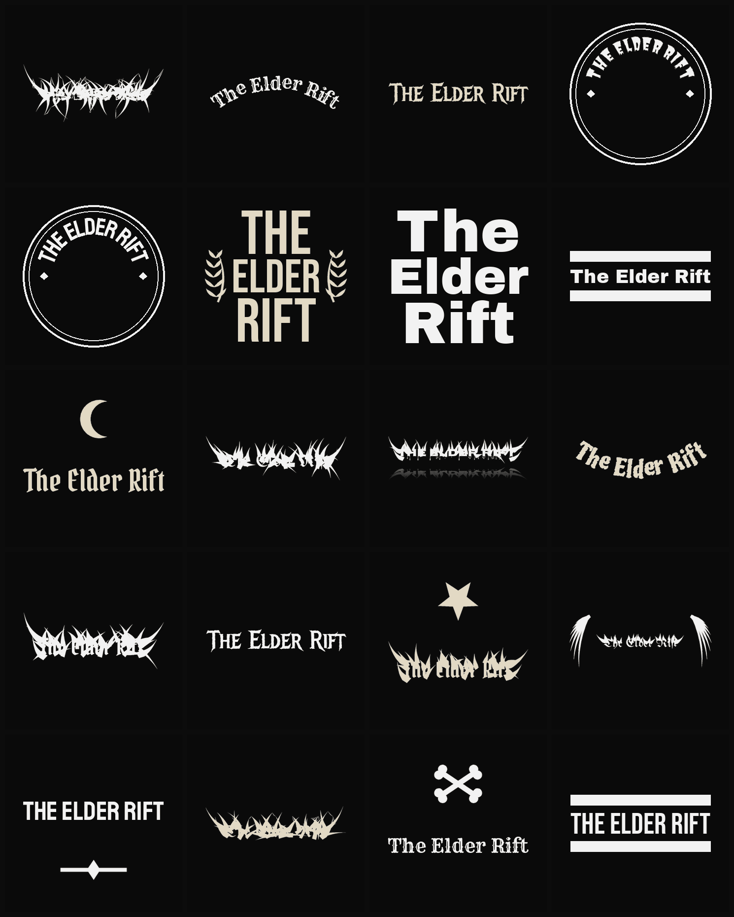 Twenty The Elder Rift band logo ideas — different faces, treatments and spike settings